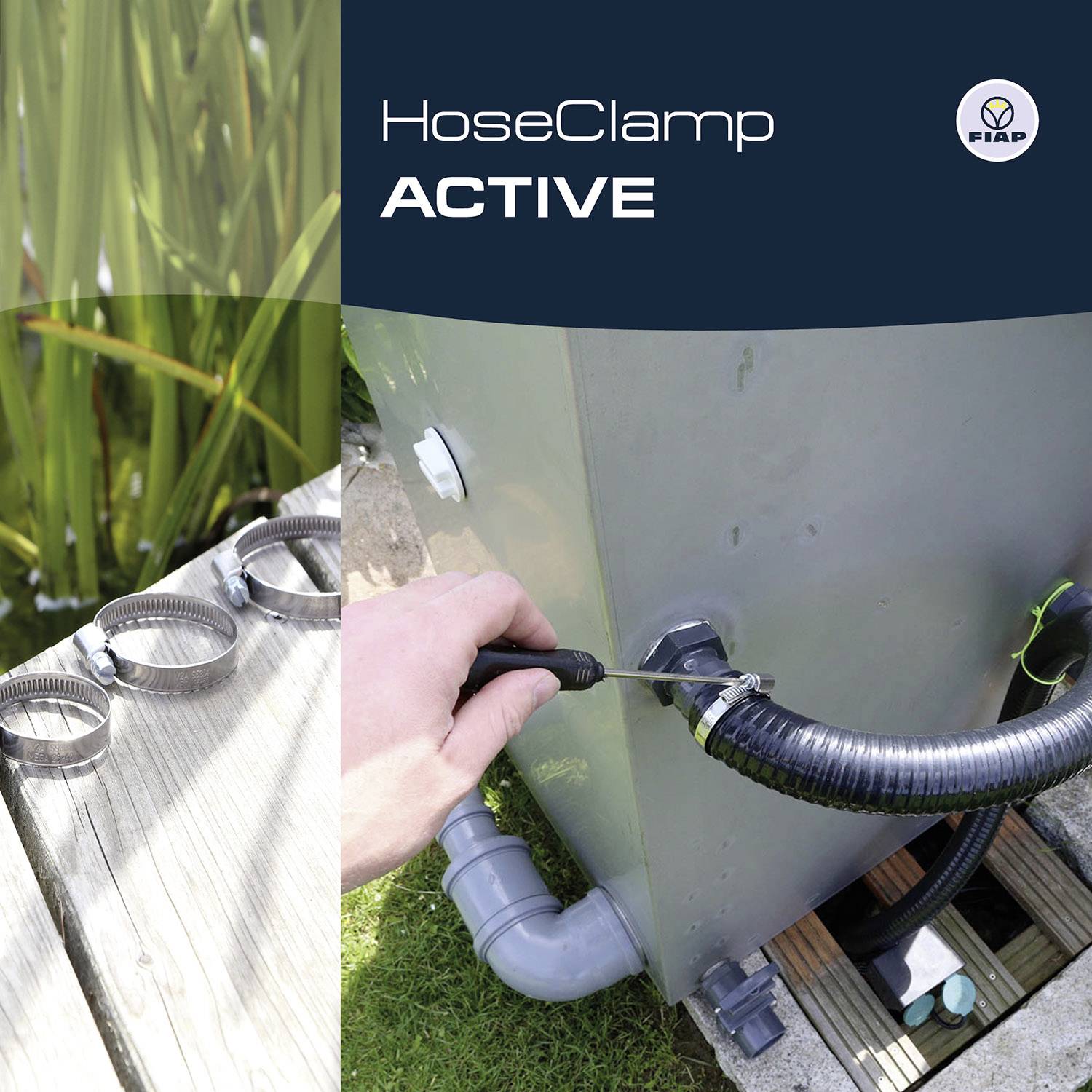 Eine Person befestigt einen Schlauch mit einer Schlauchschelle an ein graues Metallgerät. Die Aufschrift auf dem Bild lautet: HoseClamp ACTIVE.