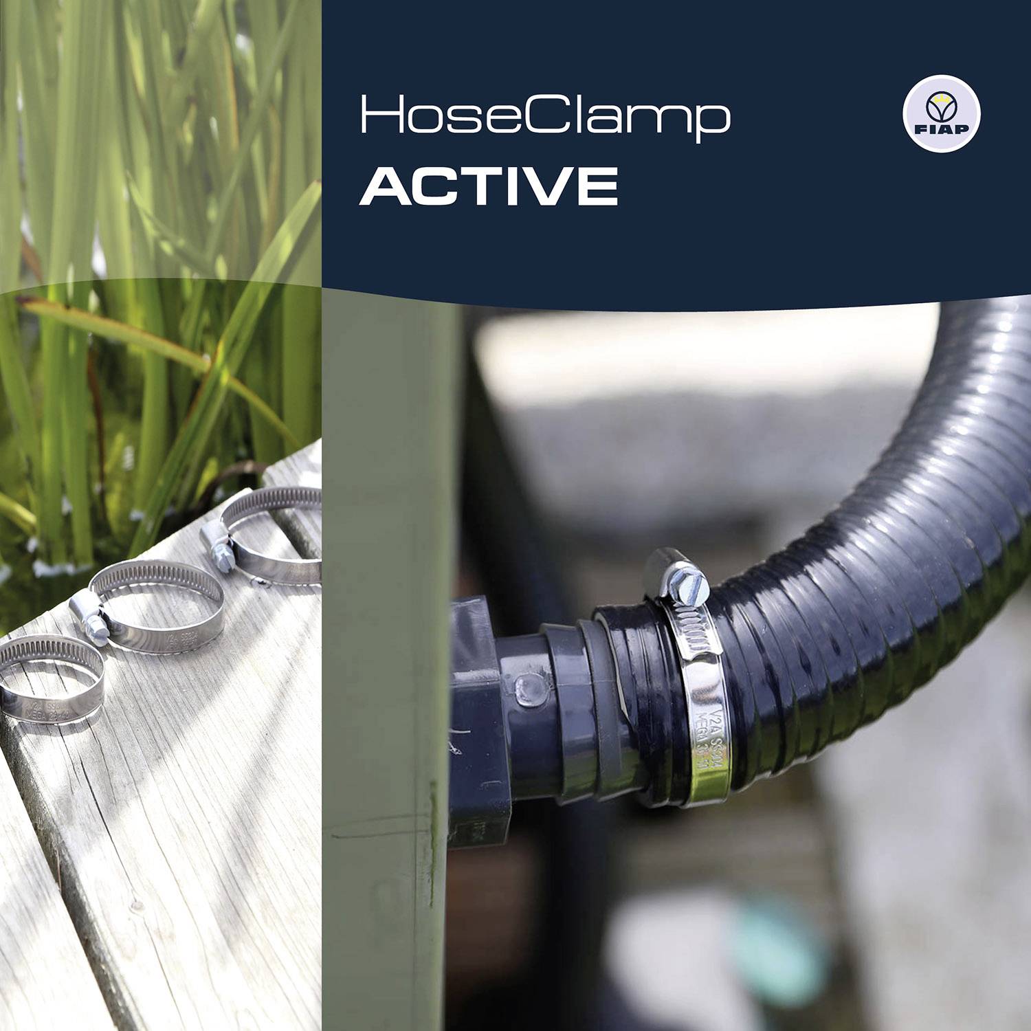 Gummischlauch mit angebrachter Schelle, neben weiteren Schellen und Pflanzen. Text 'HoseClamp ACTIVE', Logo oben rechts.