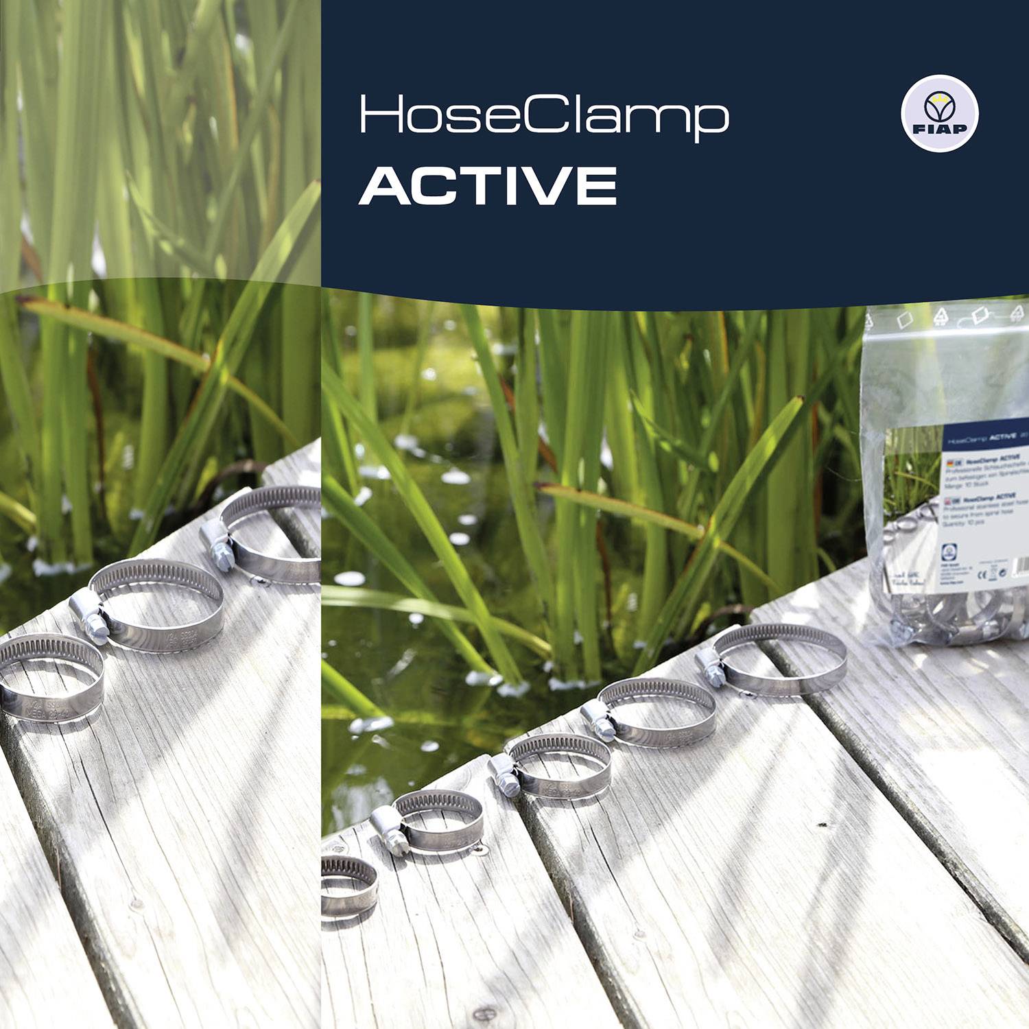 Metallschlauchschellen auf einem Holzbrett und grünen Pflanzen im Hintergrund. Verpackung wird mit der Marke 'HoseClamp ACTIVE' gezeigt.