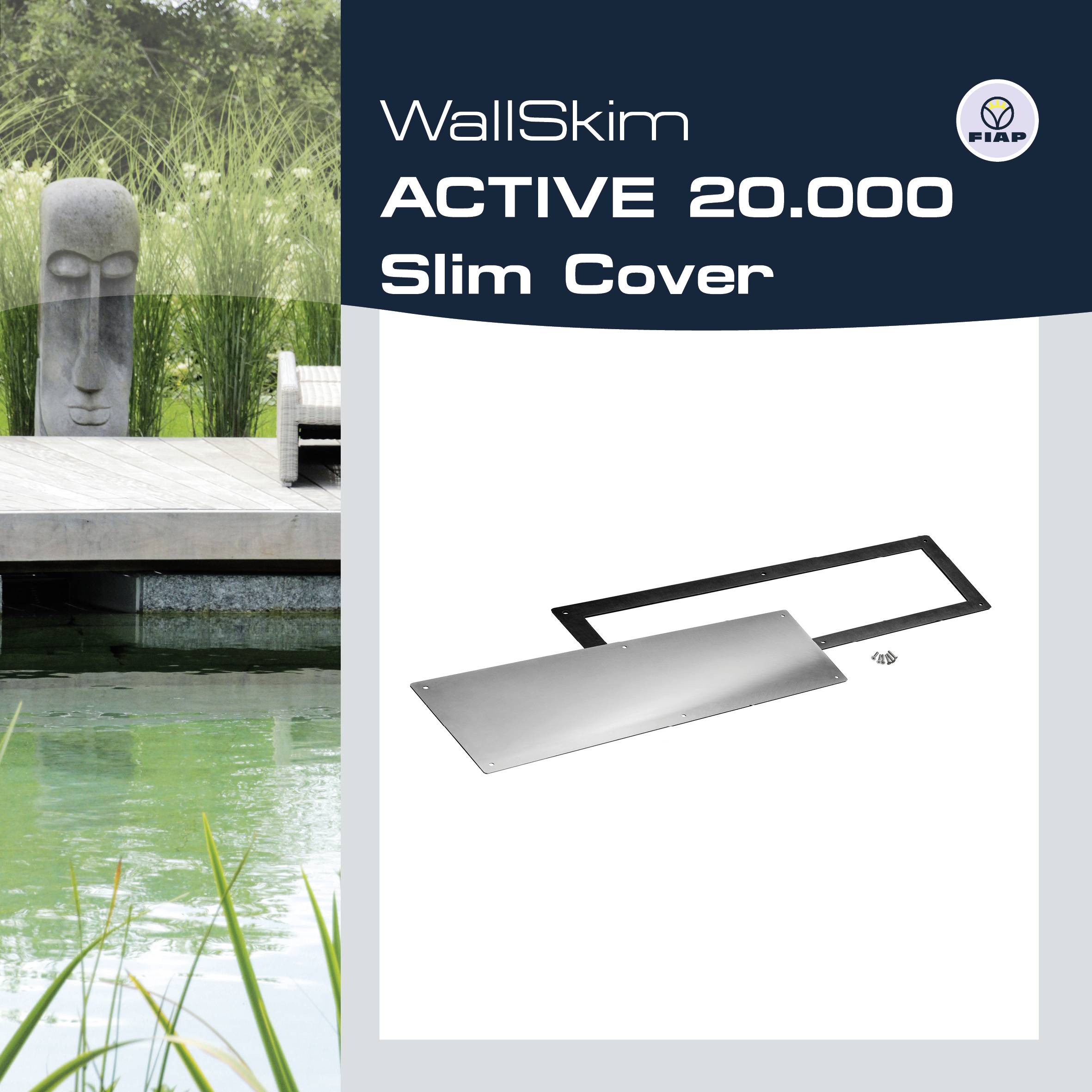 Produktwerbung für 'WallSkim ACTIVE 20.000 Slim Cover' von FIAP mit Bild eines modernen rechteckigen Abdeckgitters neben einem Wasserfeature.