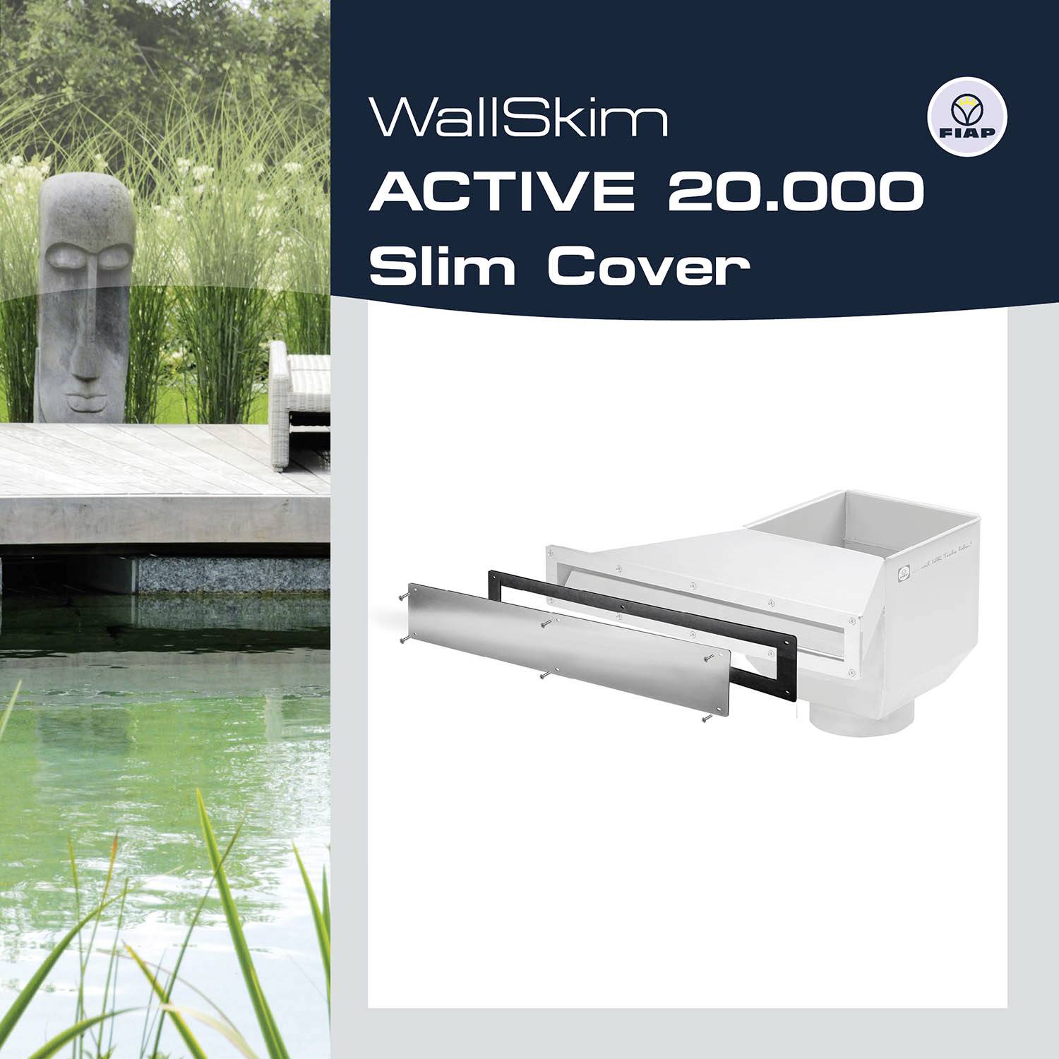WallSkim ACTIVE 20.000, Slim Cover. Produktanzeige mit Zen-Teich in Betonlandschaft und einem rechteckigen Becken mit Abdeckung.