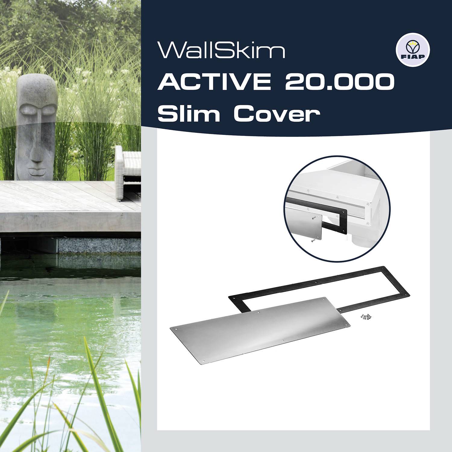 Werbung für den 'WallSkim ACTIVE 20.000 Slim Cover' mit modernem Design, zeigt Produktabbildung und einen Garten mit Wasser.