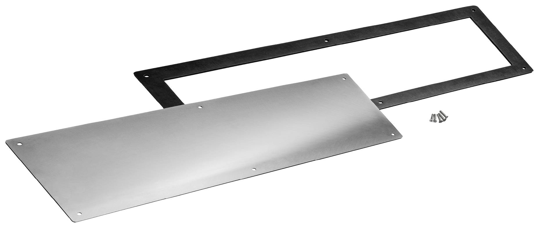 Metallplatte mit rechteckigem Ausschnitt und Schrauben.