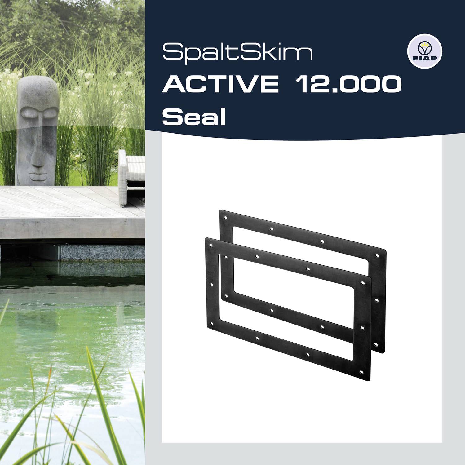 'SpaltSkim ACTIVE 12.000 Seal' auf einem Produktbild mit einem rechteckigen Dichtungsrahmen und einer stilisierten Wasserumgebung.