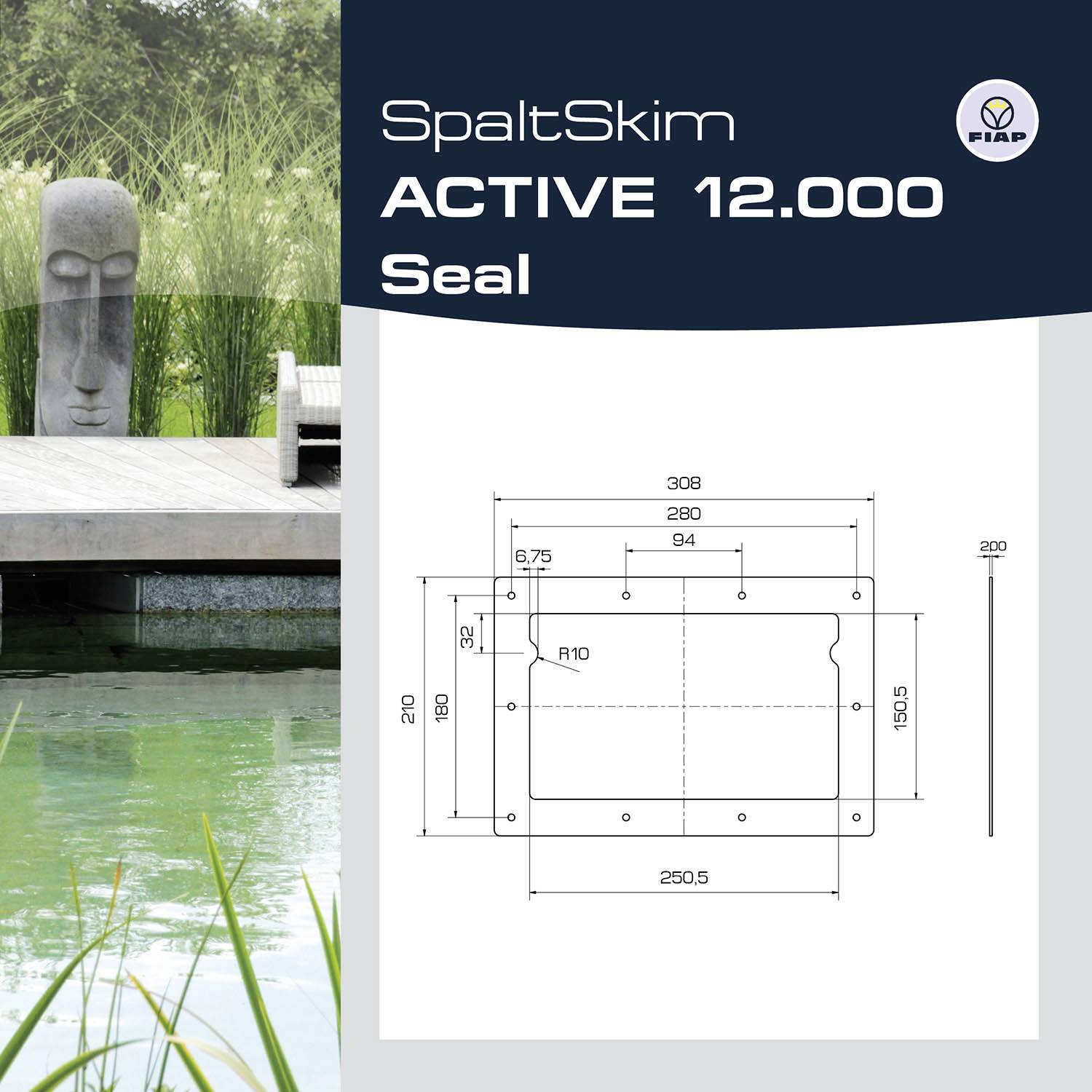 'SpaltSkim ACTIVE 12.000 Seal' Produktbild mit technischem Diagramm und Messungen. Moderner Außenbereich mit Wasser, Brüstung und Statuen im Hintergrund.