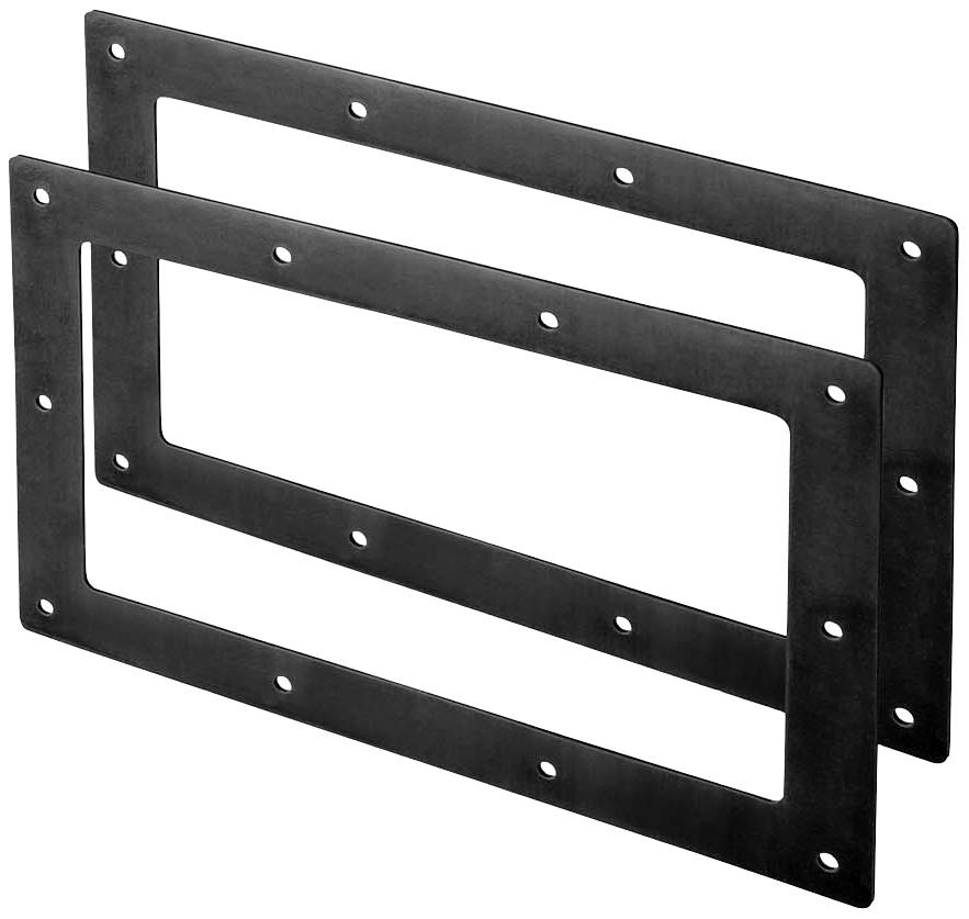 Zwei rechteckige Metallrahmen mit vorgebohrten Löchern, die nebeneinander stehen. Sie sind für Befestigungszwecke gestaltet.