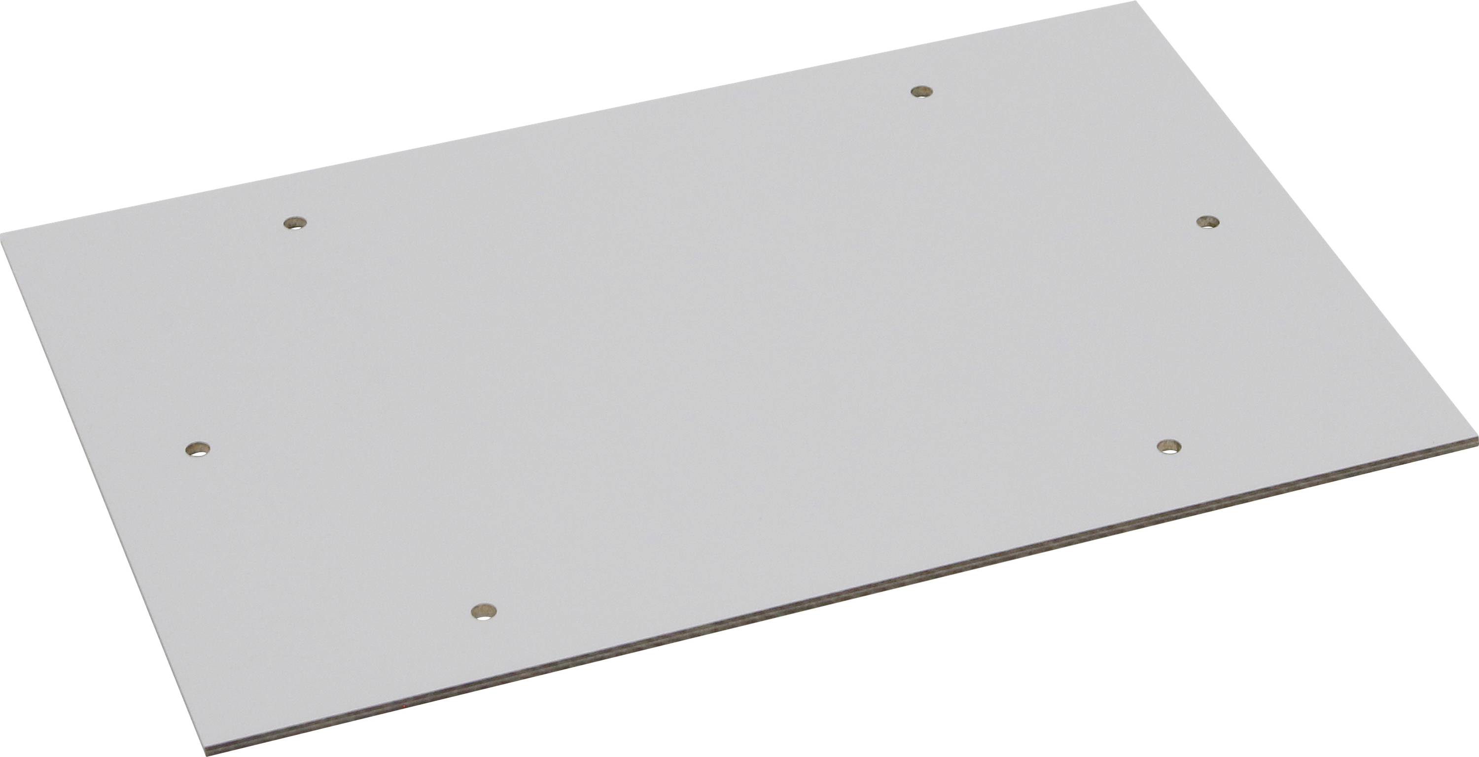 Rechteckige, weiße Kunststoffplatte mit acht symmetrisch angeordneten Bohrlöchern.