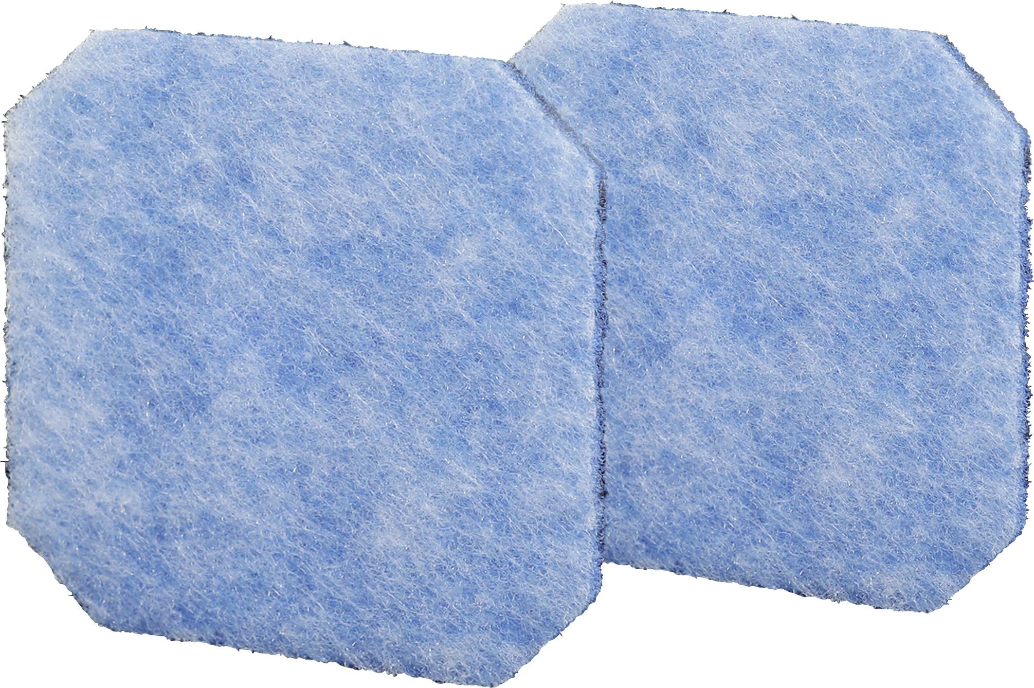 Zwei blaue, quadratische Filter mit abgeschrägten Ecken, vermutlich für Wasser- oder Luftreinigung, nebeneinander platziert.