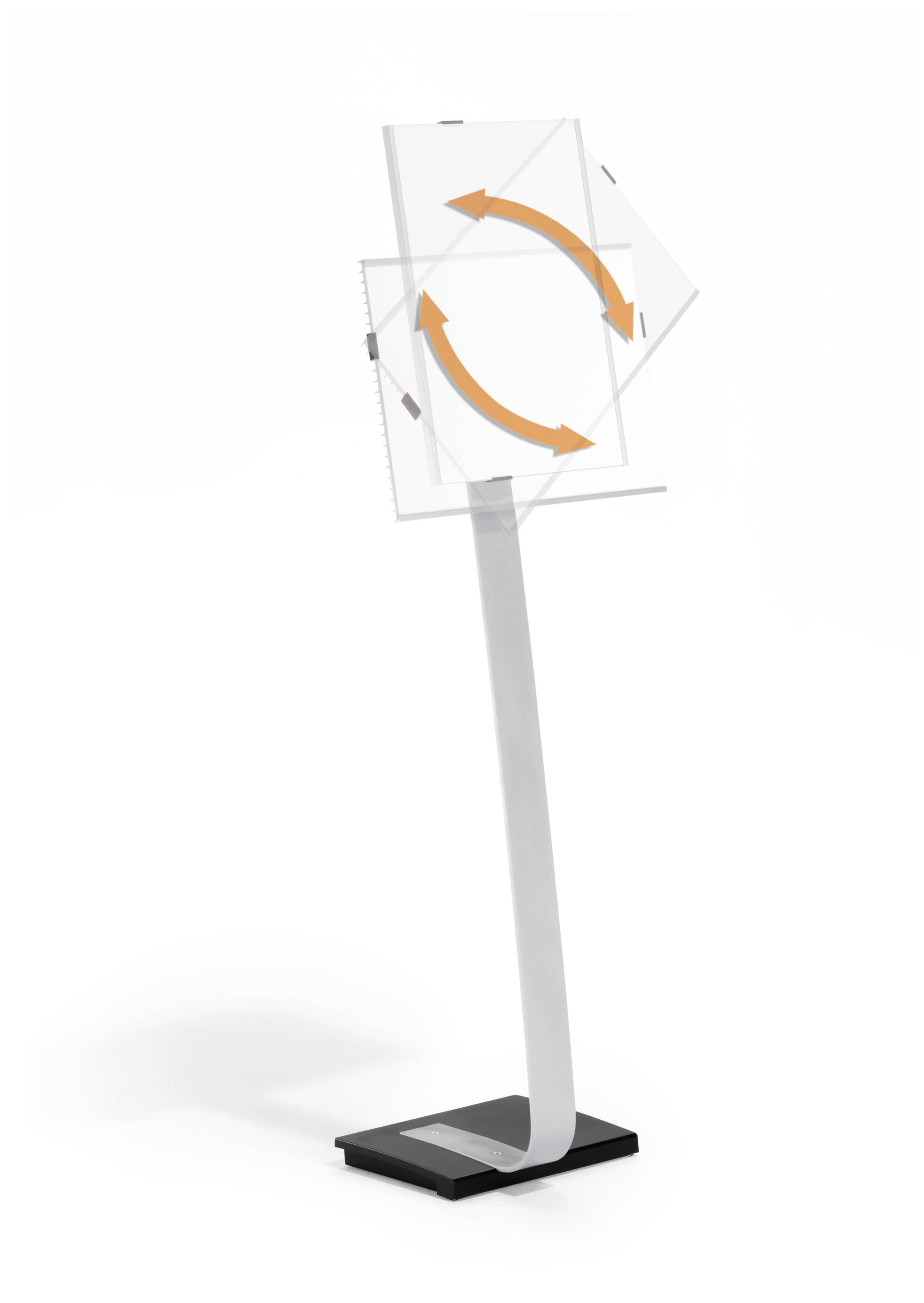 Ein höhenverstellbarer Ständer mit einem schwenkbaren Element, auf dem orangene Pfeile eine Rotationsbewegung anzeigen.