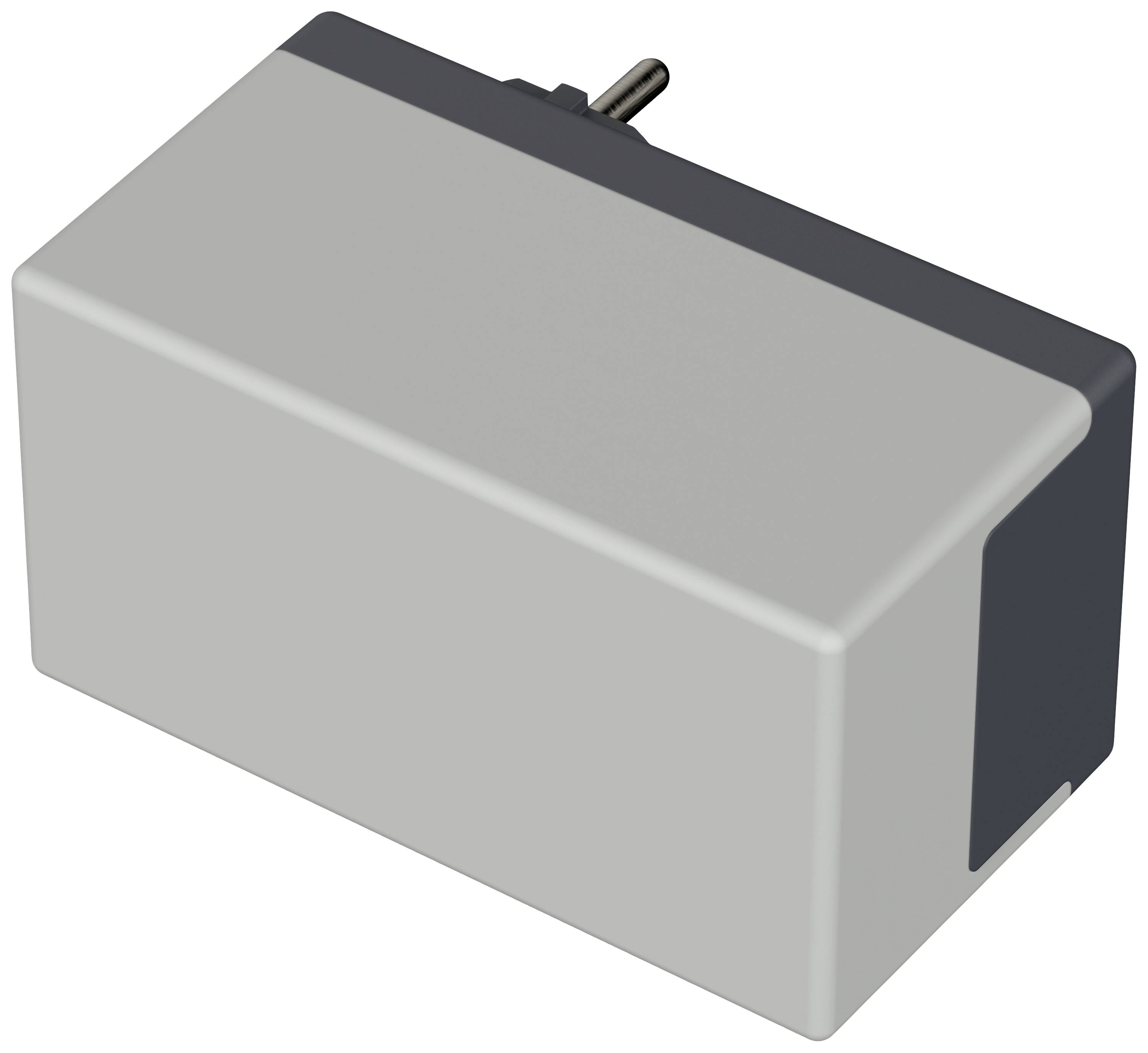 Rechteckiger, grauer elektronischer Schalter mit schwarzer Oberseite und kleinem Hebel, der nach oben ragt.