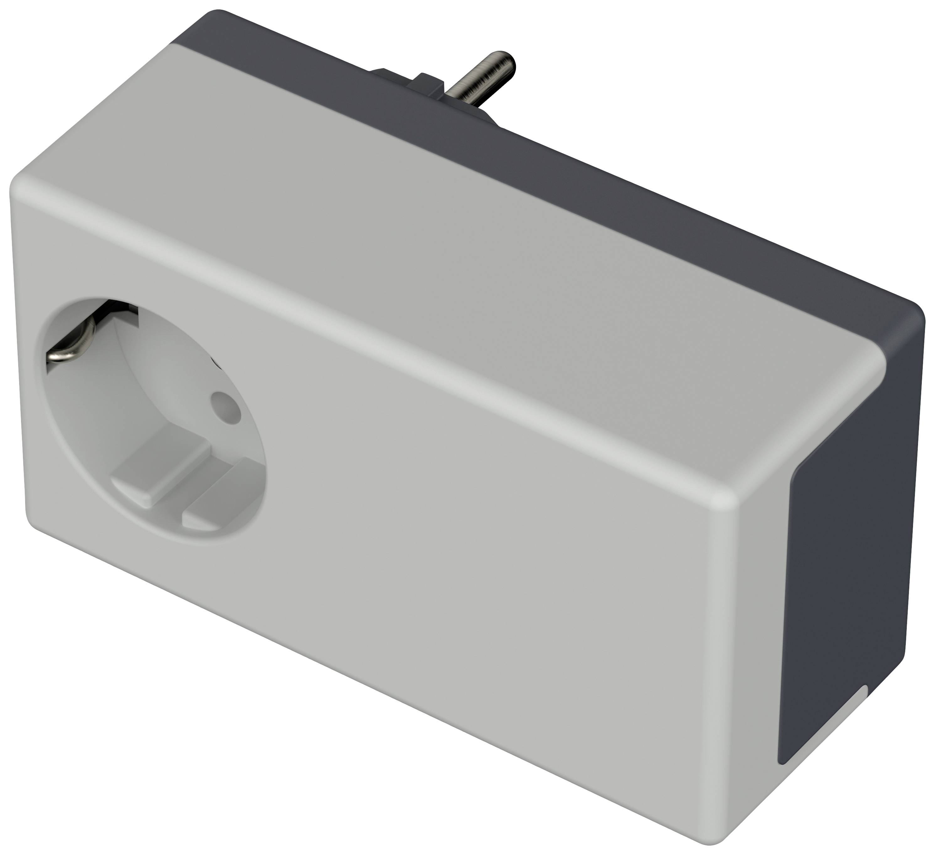 Eine weiße Smart-Steckdose mit Schuko-Anschluss von der Seite, zur Steuerung elektrischer Geräte.