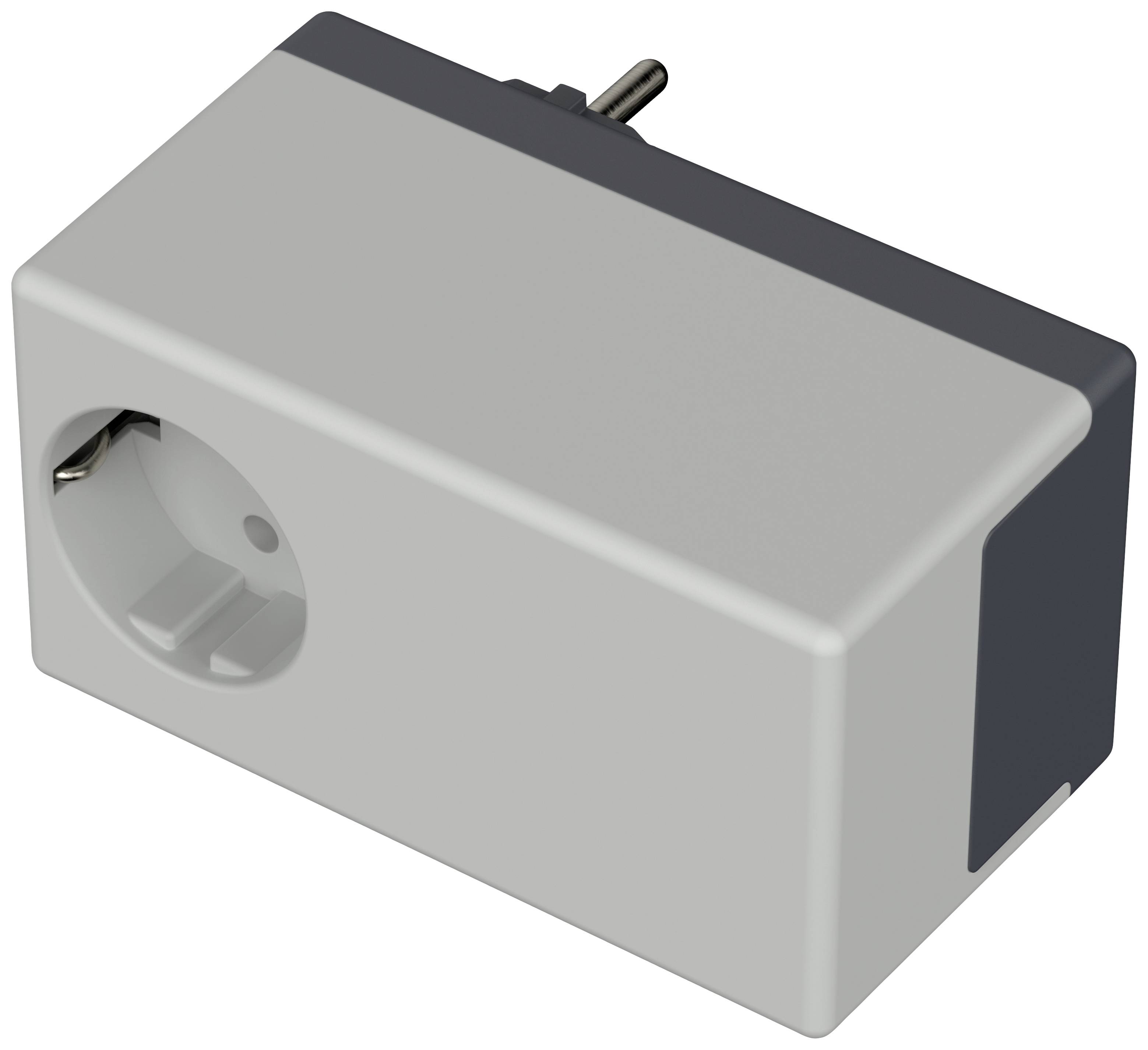 Ein rechteckiger, grauer Steckdosenadapter mit einem Schuko-Stecker und einer Steckdose.