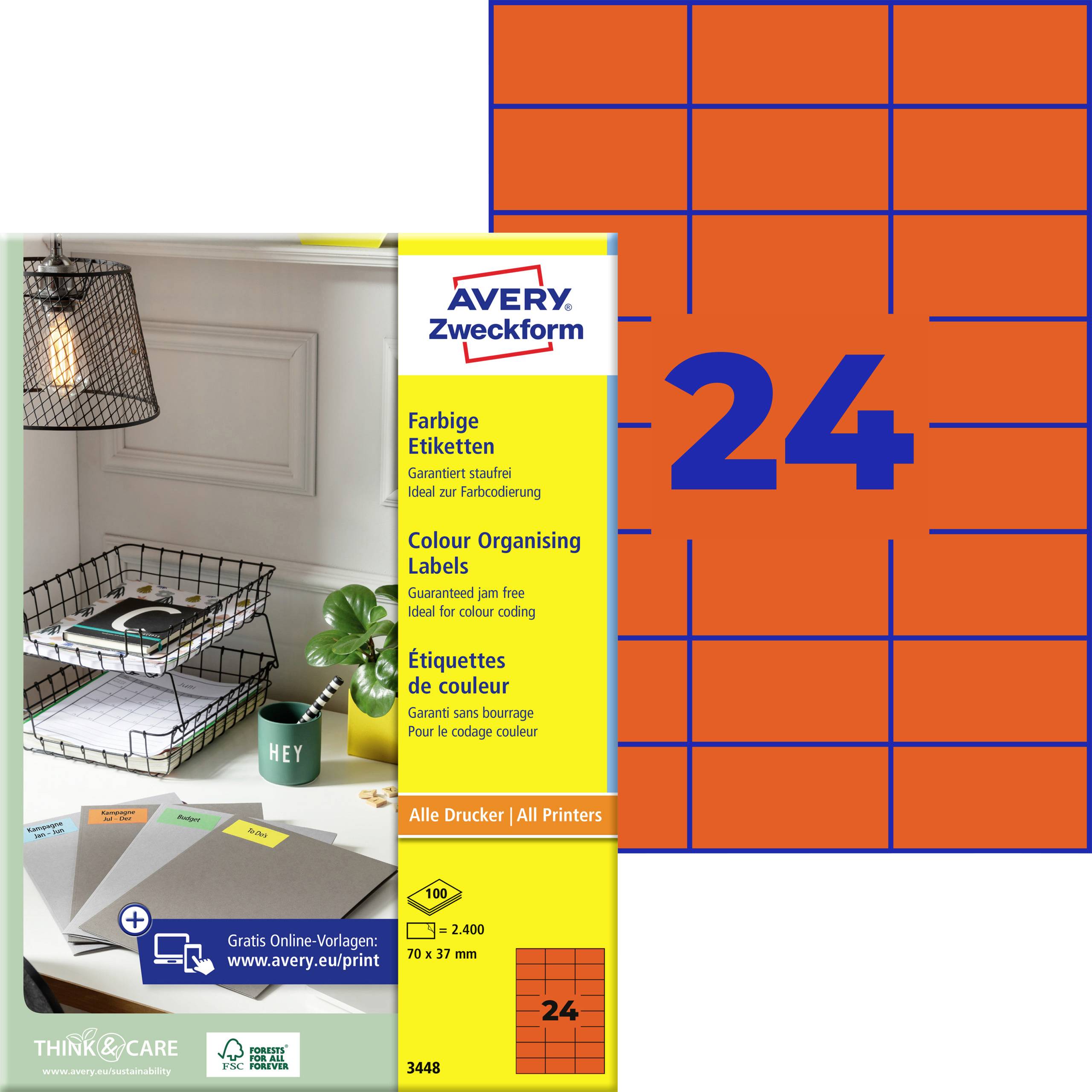 Avery Zweckform Etikettenblatt-Paket und oranges 24er-Etikett-Template, mit Produktfoto und Etikett-Rasterlayout zum Organisieren oder Drucken von Etiketten.