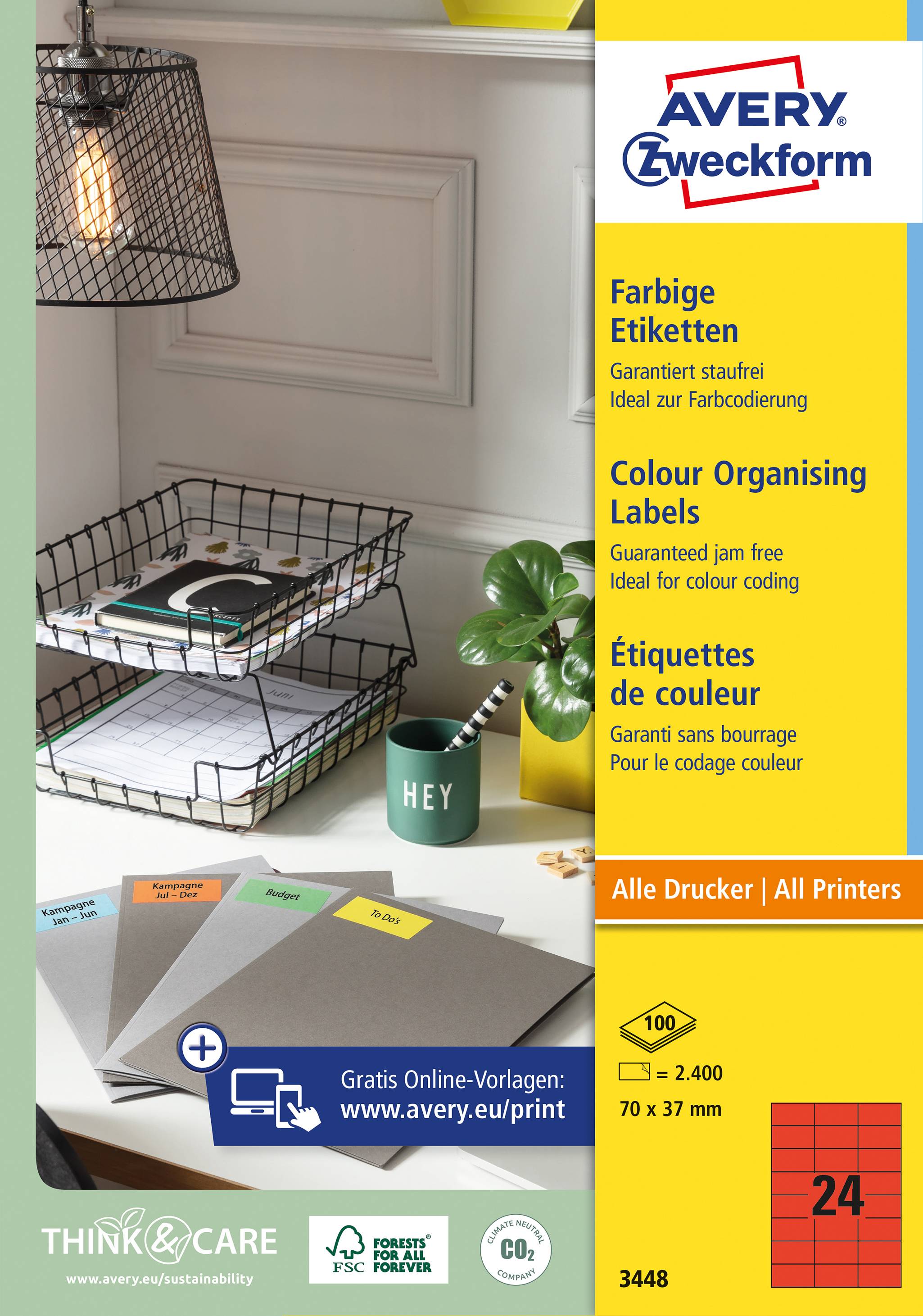 Zweckform Avery-3448 Universal-Etiketten 70 x 37mm Papier Rot 2400 St. Permanent haftend Tintenstrahldrucker, Laserdrucker