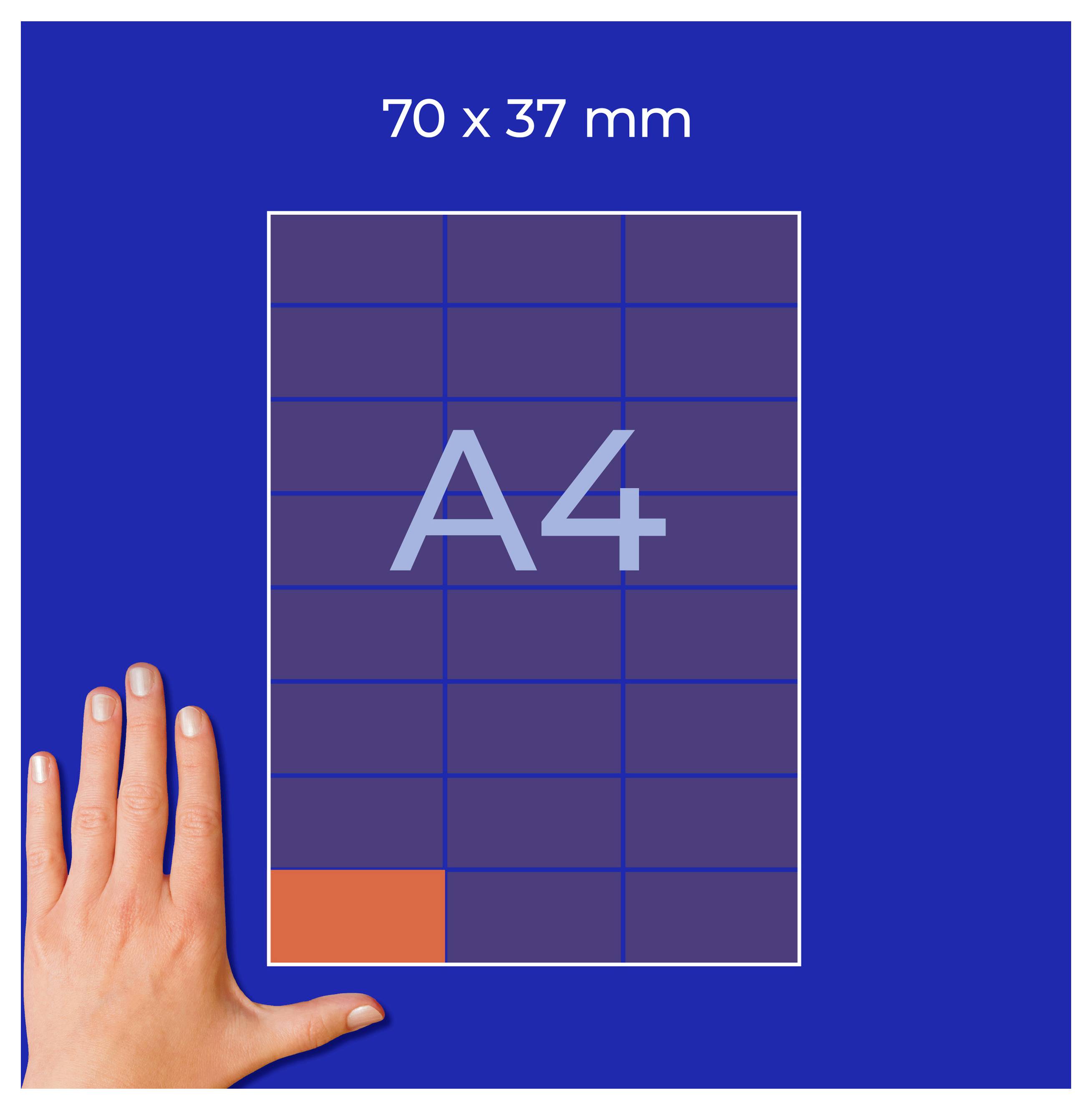 A4-Vorlage mit Maßangabe '70 x 37 mm' und Raster; unten links markiert eine orange Fläche den Platz für ein Daumenbild.