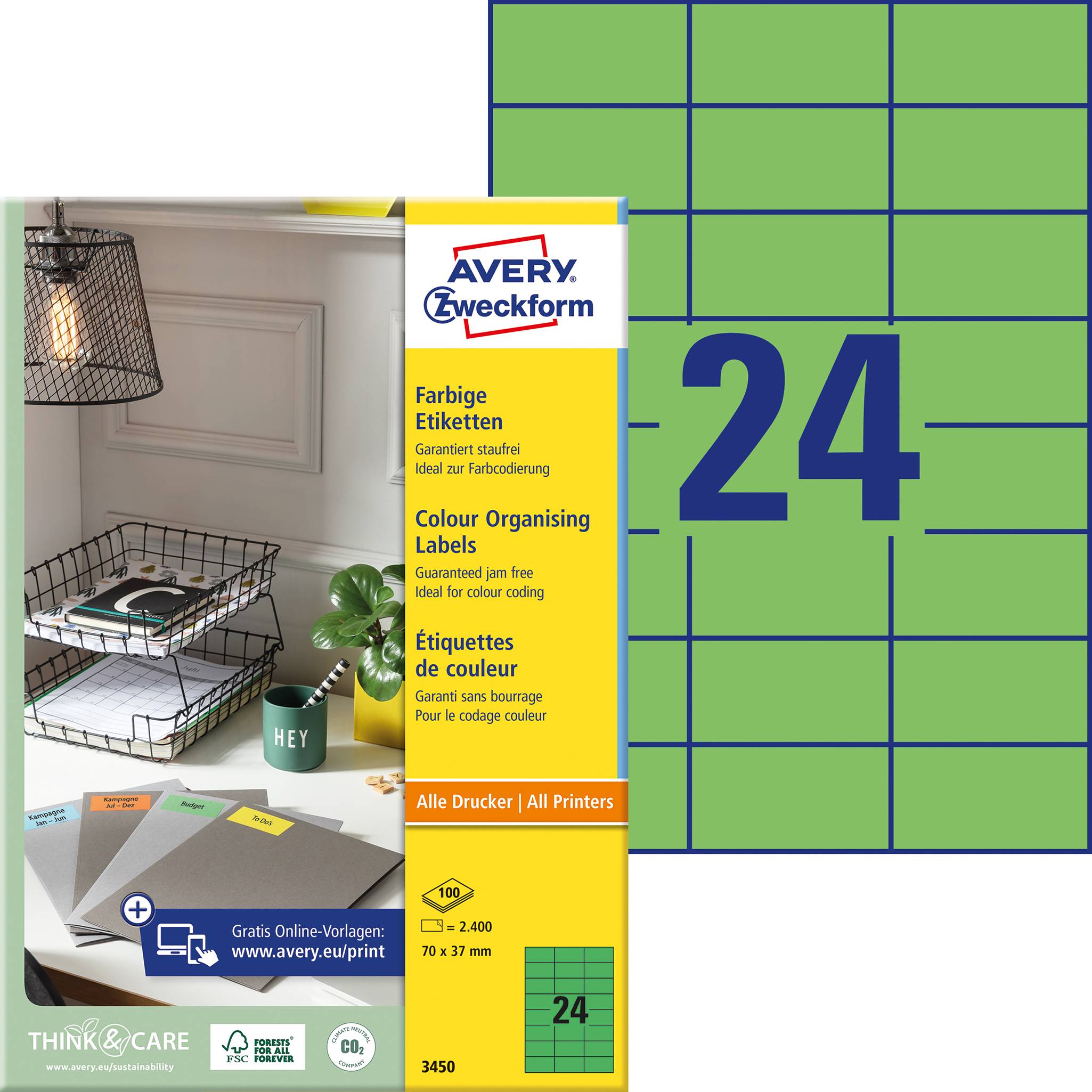 'Avery Zweckform' Etikettenverpackung: Bunte Etiketten für Farborganisation, 24 pro Blatt. Ziel: Klarheit und Ordnung im Büro.