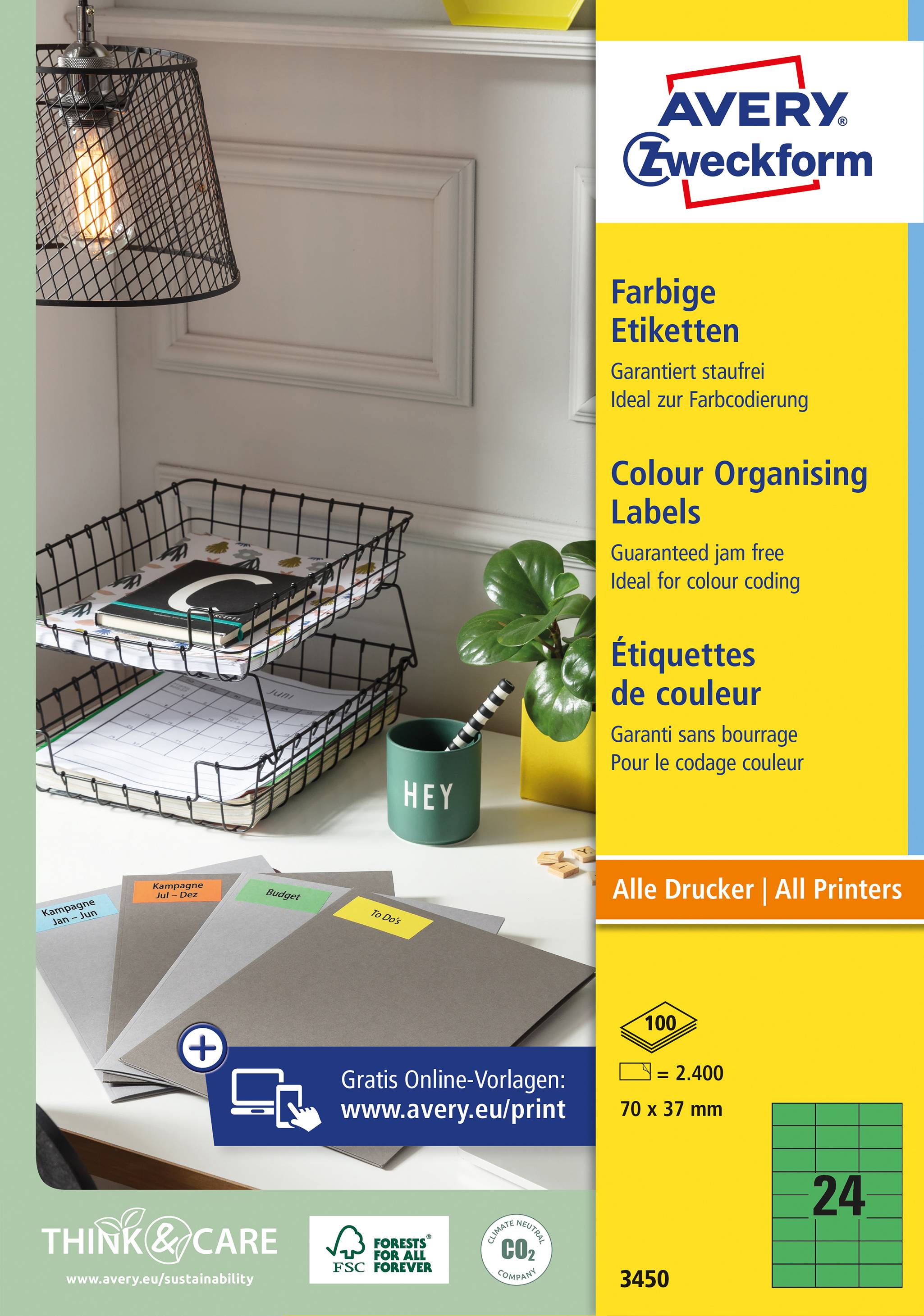 Werbung für Avery Zweckform Farbige Etiketten, geeignet für alle Drucker, in verschiedenen Farben, 70 x 37 mm, 24 pro Bogen.