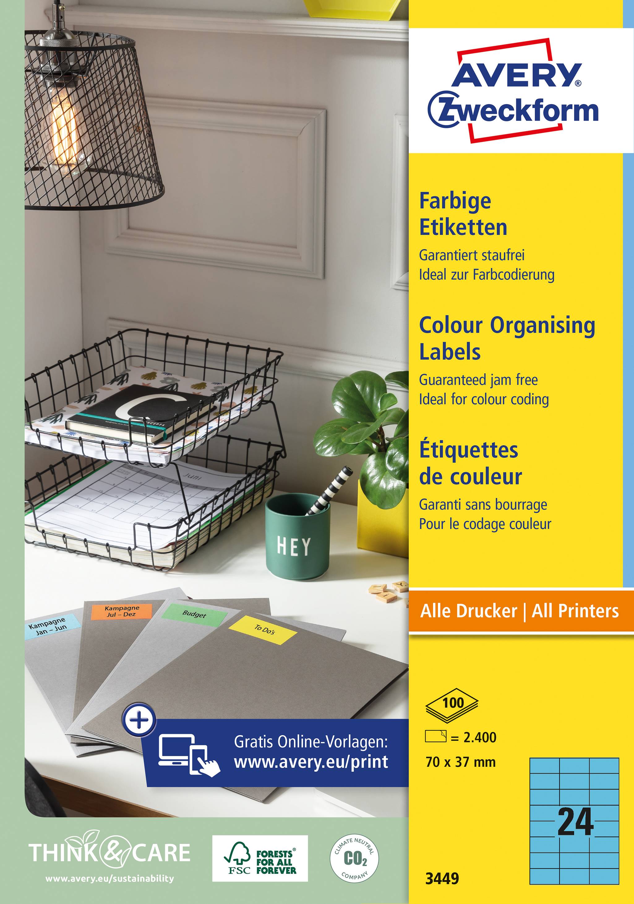 Avery-Zweckform 3449 Universal-Etiketten 70 x 37mm Papier Blau 2400 St. Permanent haftend Tintenstrahldrucker, Laserdrucker