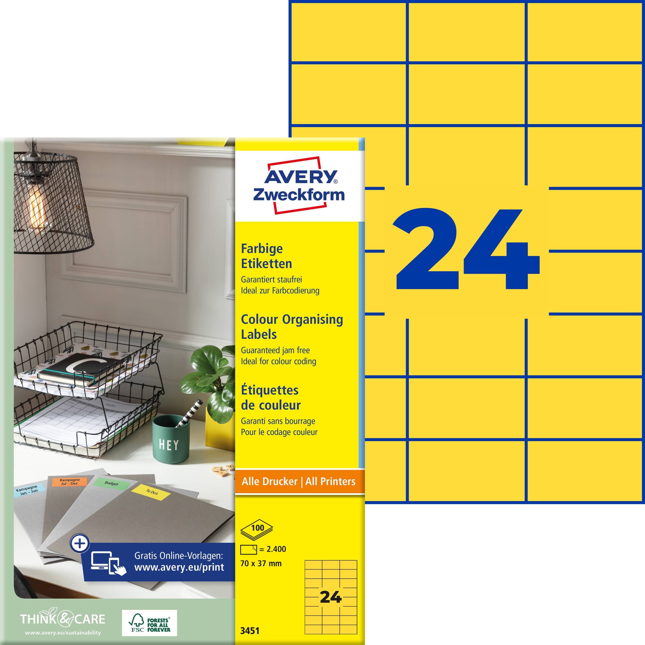 Avery Zweckform Etikettenpaket mit 24 gelben Organisationsetiketten, mit einem kleinen Bürotisch-Foto und blauer Etikett-Gitter-Illustration.