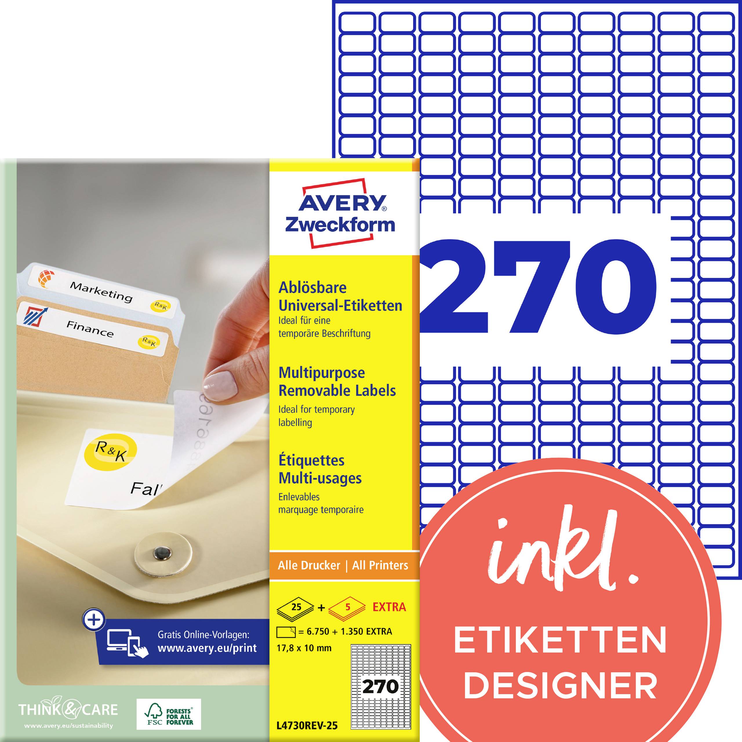 Produktverpackung für Avery Zweckform ablösbare Etiketten, mit 270 weißen Etiketten mit 'inkl. ETIKETTEN DESIGNER' und einem Foto von Etiketten, die von einem Ordner abgelöst werden.