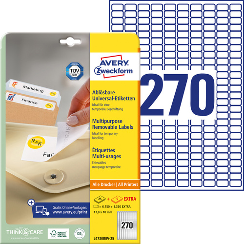 Zweckform Avery-L4730REV-25 Universal-Etiketten 17.8 x 10mm Papier Weiß 8100 St. Wiederablösbar Tintenstrahldrucker, Laserdrucker