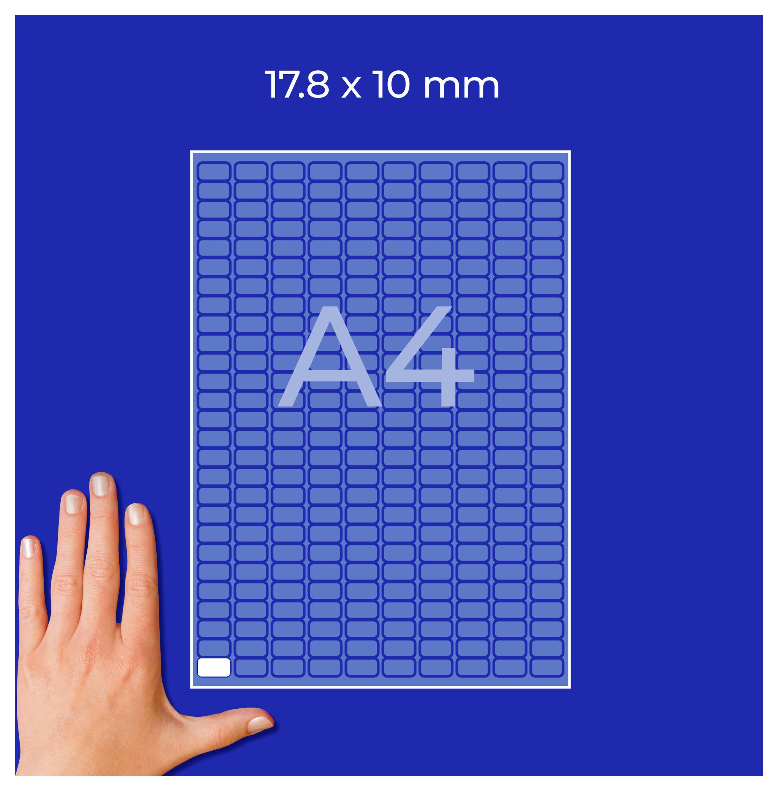 A4-Format mit Maßangabe 17,8 x 10 mm; links eine Hand zum Größenvergleich.