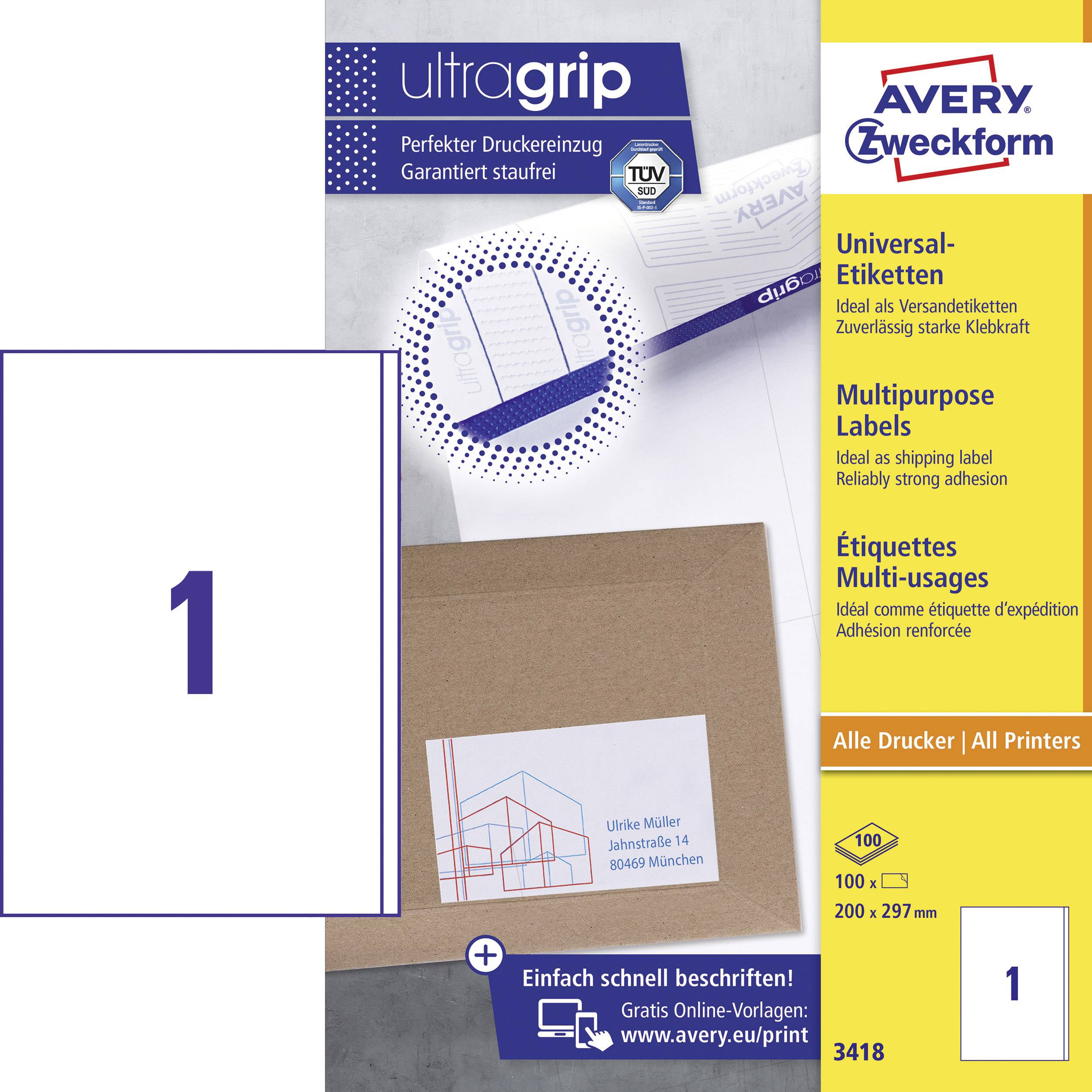 Avery-Zweckform 3418 Universal-Etiketten 200 x 297 mm Papier Weiß 100 St. Permanent haftend Tintenstrahldrucker, Laserdrucker, Farblaserdrucker