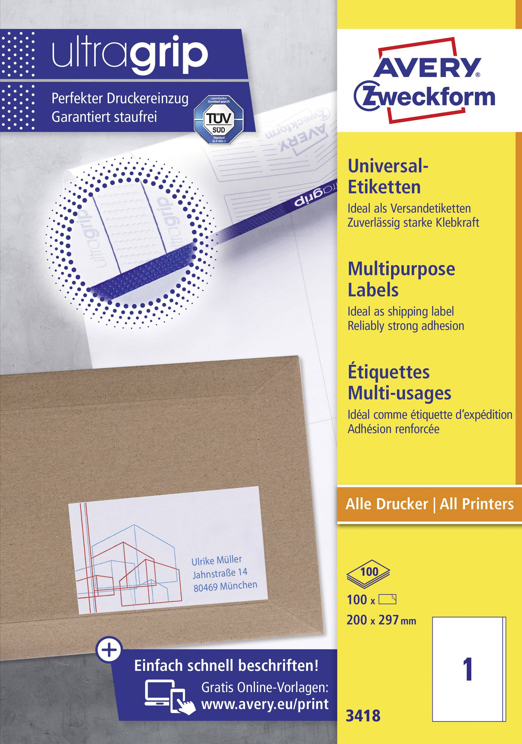 Avery-Zweckform 3418 Universal-Etiketten 200 x 297 mm Papier Weiß 100 St. Permanent haftend Tintenstrahldrucker, Laserdrucker, Farblaserdrucker