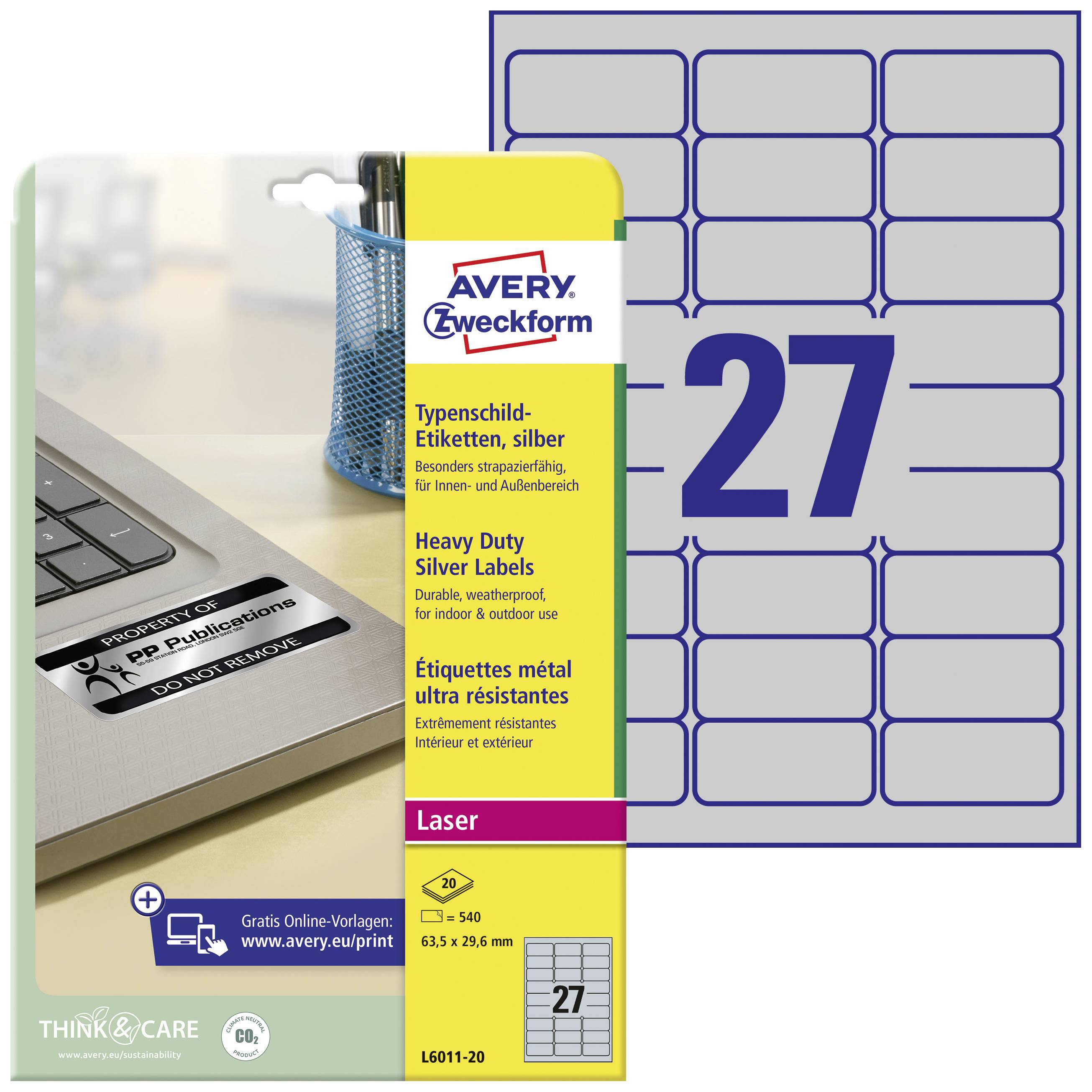 Avery-Zweckform L6011-20 Typenschild-Etiketten 63.5 x 29.6 mm Polyester-Folie Silber 540 St. Permanent haftend Laserdrucker, Kopierer