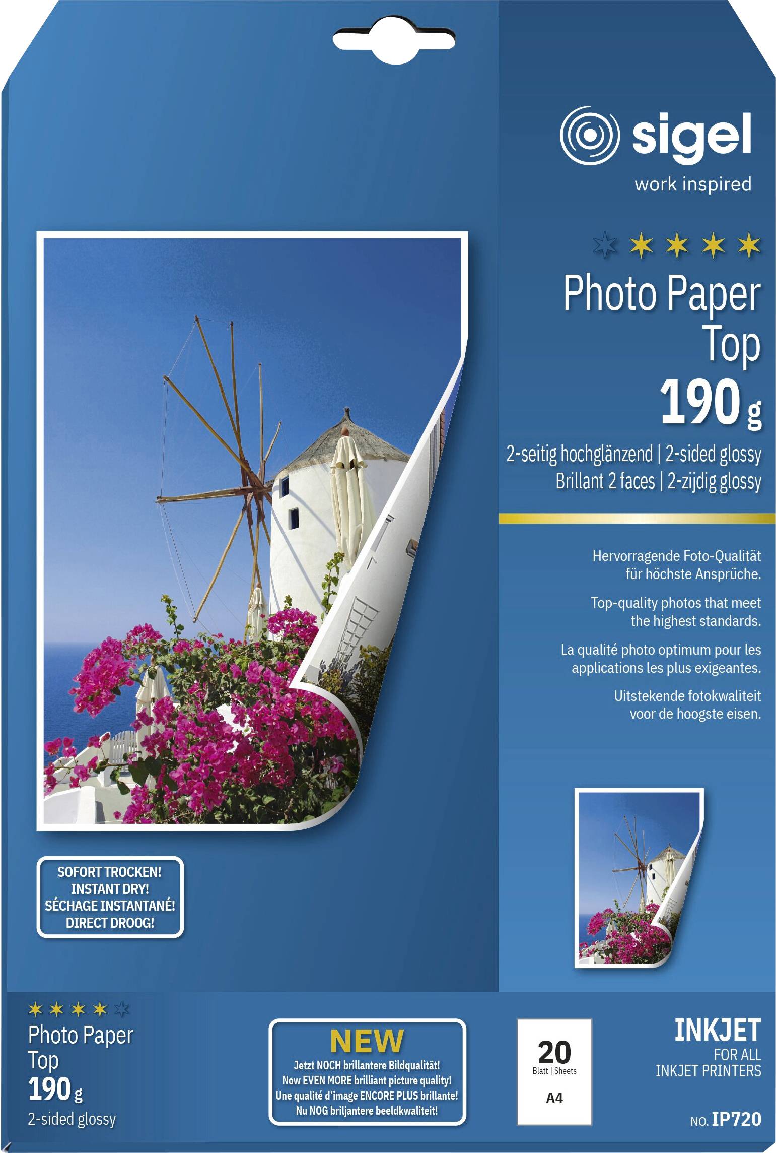 Sigel Fotopapier Top 190 g Inkjet-Papier-Packung mit glänzendem beidseitigem Finish, gezeigt mit einer Windmühlen-Fotobeispiel und „NEU