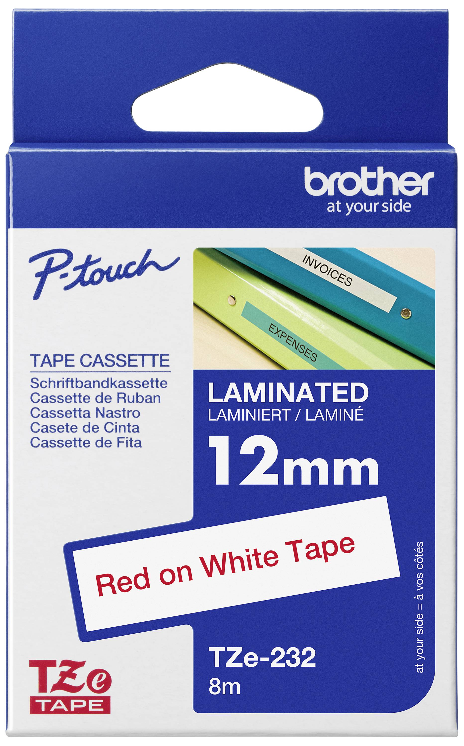 Tape-Kassette in Verpackung mit der Aufschrift 'Red on White Tape', geeignet für 12 mm Etiketten, Brother-Marke, P-touch Linie.
