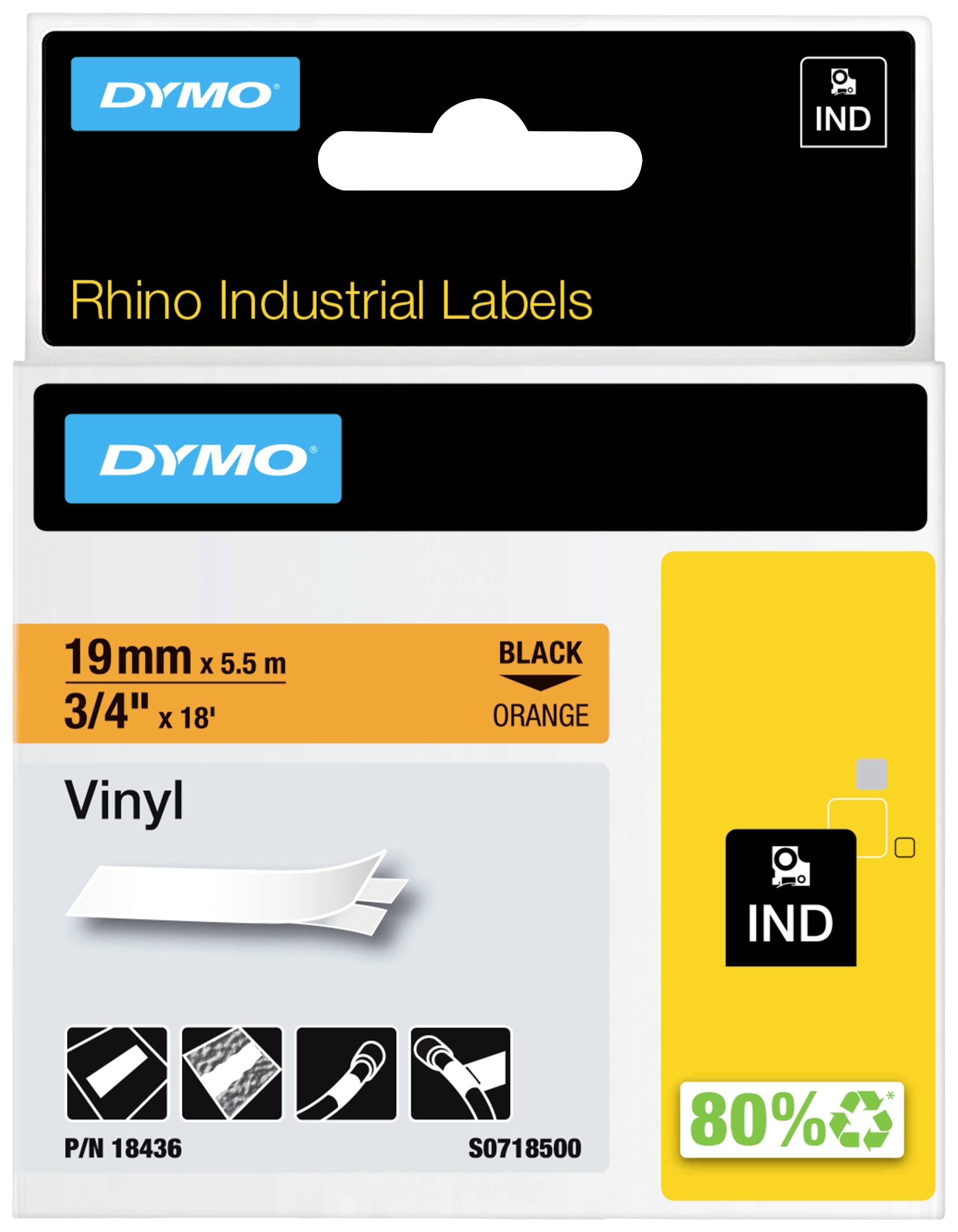 Verpackungsetikett für DYMO Rhino Industrielabels: 19mm x 5,5m, schwarzer Text auf orangefarbenem Vinyl, 80% Etiketten pro Rolle.