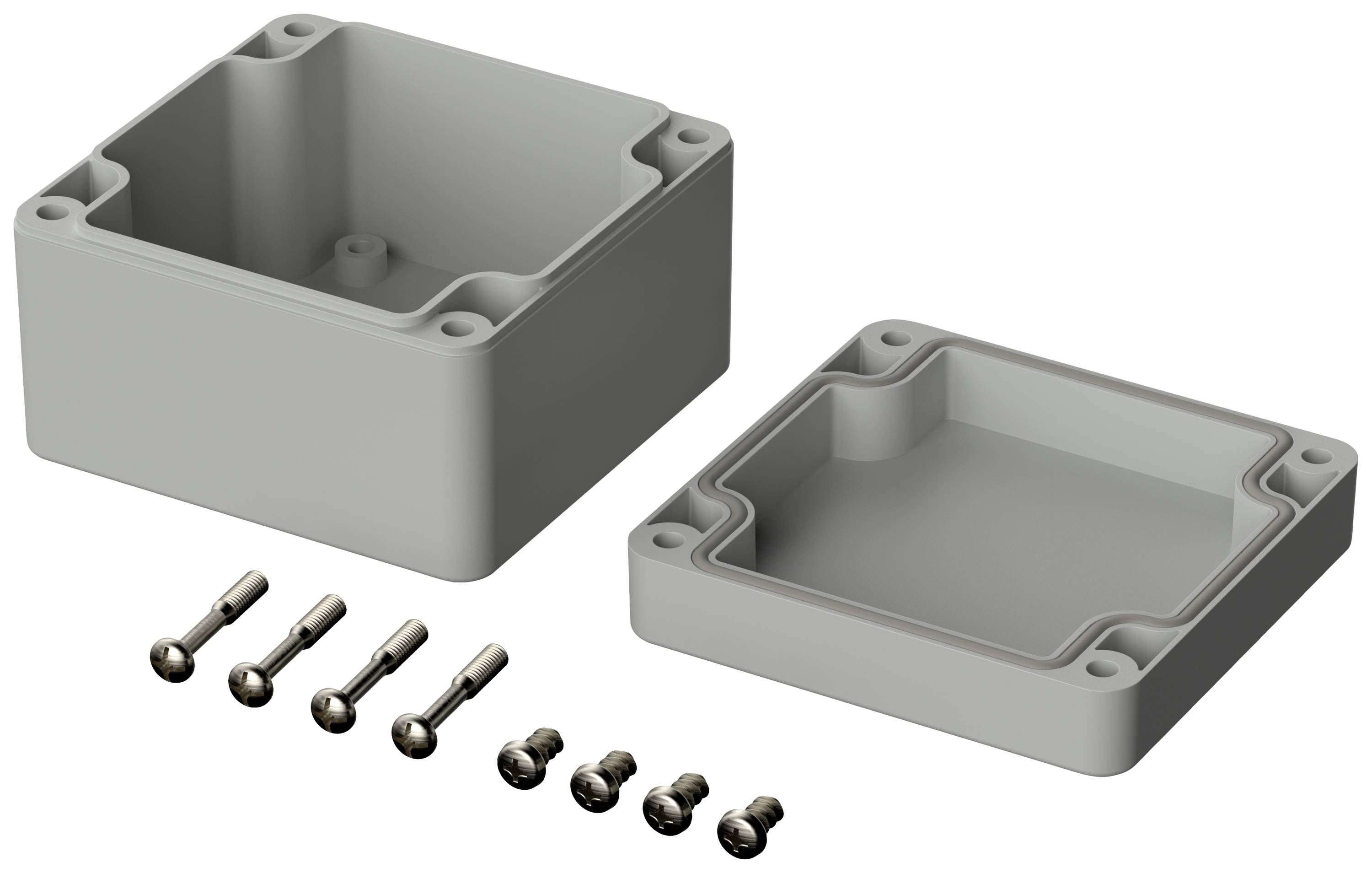 Grau eloxiertes Aluminiumgehäuse zweigeteilt mit sieben Schrauben. Geeignet zur Montage von elektronischen Komponenten.