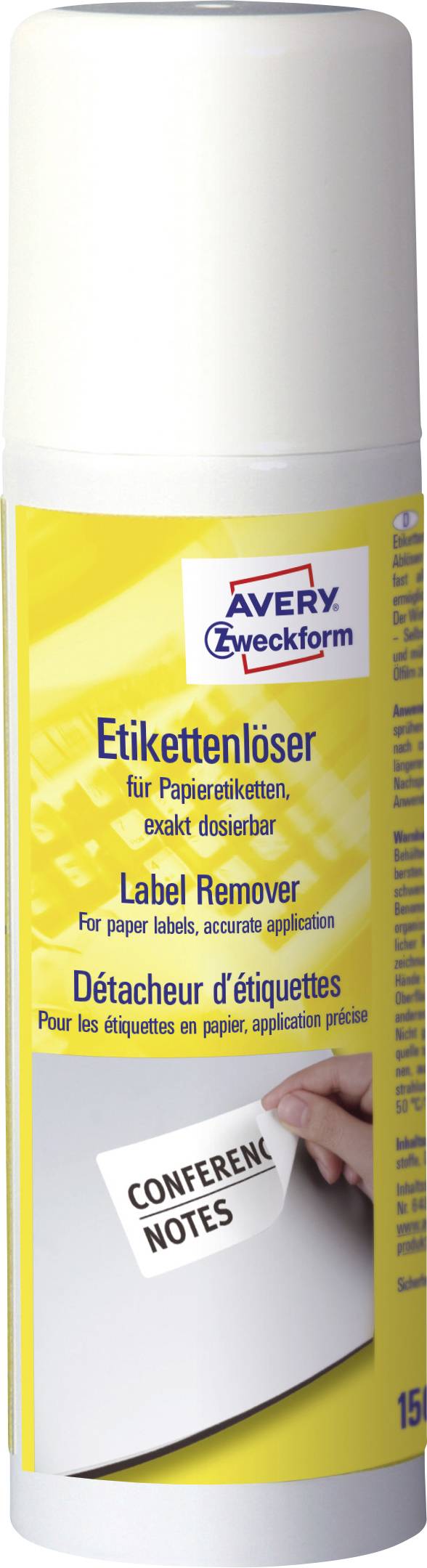 Ein Zylinder mit der Aufschrift 'Etikettenlöser' von Avery Zweckform, geeignet zum Entfernen von Papieretiketten und rückstandsfreiem Abziehen.