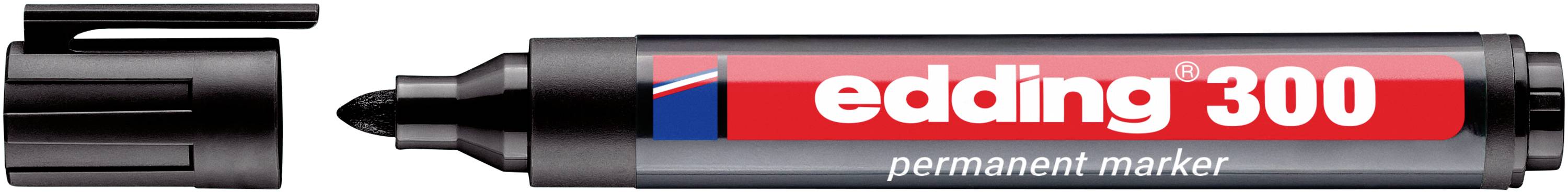 Schwarzer Edding 300 Permanentmarker mit Keilspitze und Kappe, in Seitenansicht mit rot-weißem Etikett dargestellt.