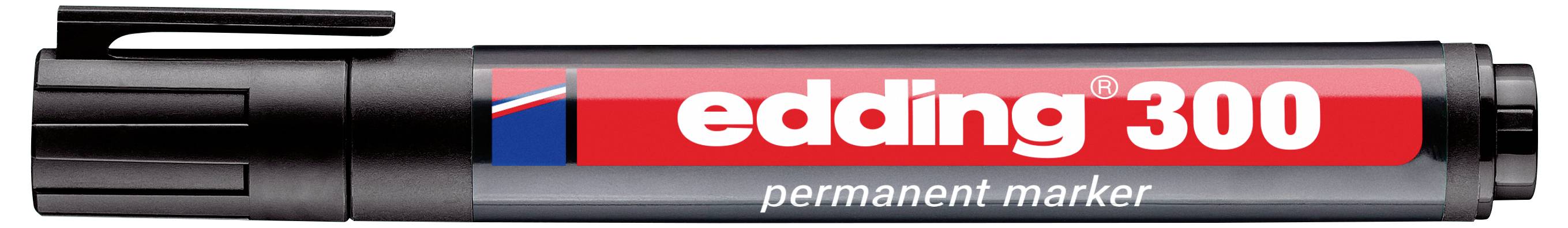 Schwarzer Edding 300 Permanent-Markerstift mit rot-weißem Etikett, horizontal auf weißem Hintergrund abgebildet.