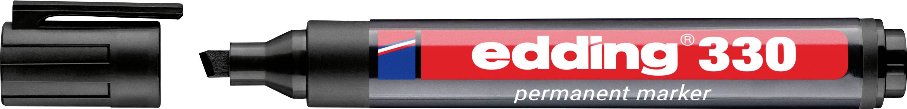Schwarzer Edding 330 Permanentmarker mit entfernter Kappe, zeigt die Spitze und das rote Etikett mit weißem Logotext.