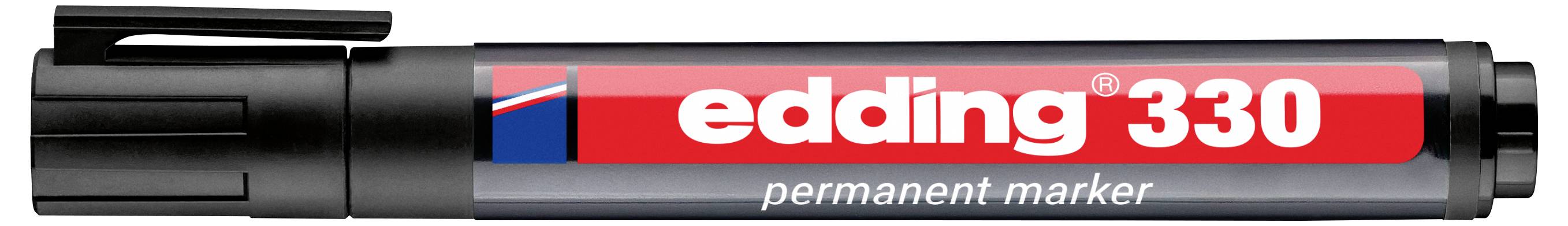 Schwarzer Edding 330 Permanentmarker mit rotem Etikett und roter Kappe, horizontal auf weißem Hintergrund dargestellt.