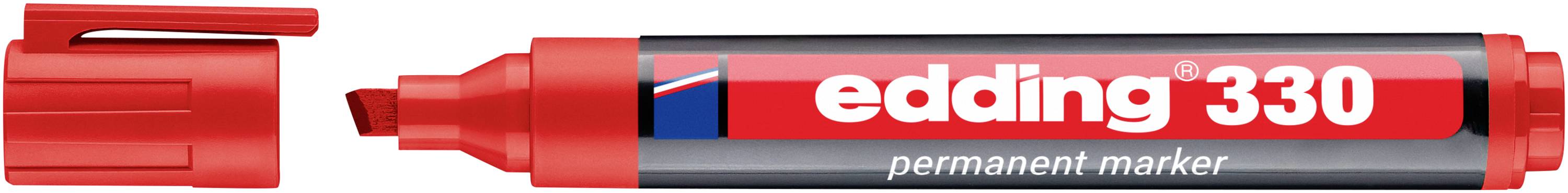 Ein roter Edding 330 Permanentmarker mit abgenommener Kappe, der die rote Keilspitze und den schwarzrot beschrifteten Körper mit der Bezeichnung „edding 330