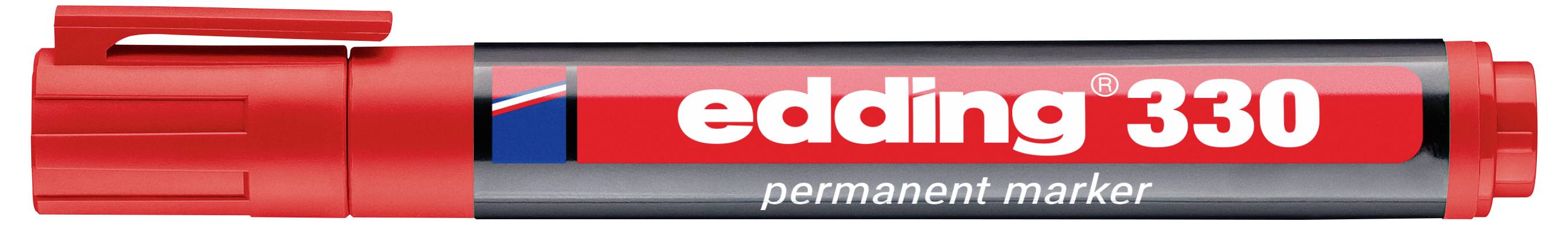 Roter Edding 330 Permanentmarker horizontal dargestellt, mit sichtbarem Markennamen und Modellnummer auf dem Schaft.
