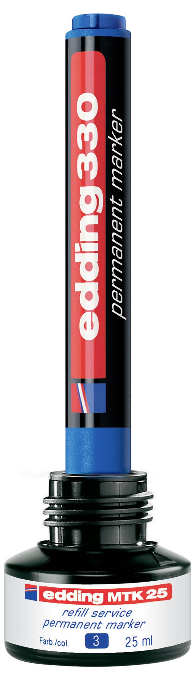 Edding MTK 25 Nachfüllstift, schwarz mit blauer Kappe und Basis, beschriftet mit „edding 330 Permanentmarker" und „25 ml".