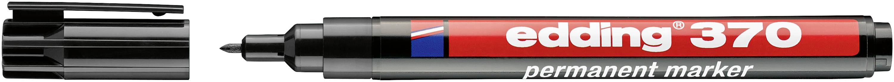 Ein schwarzer Permanent Marker mit Keilspitze und Kappe, beschriftet mit „edding 370 permanent marker