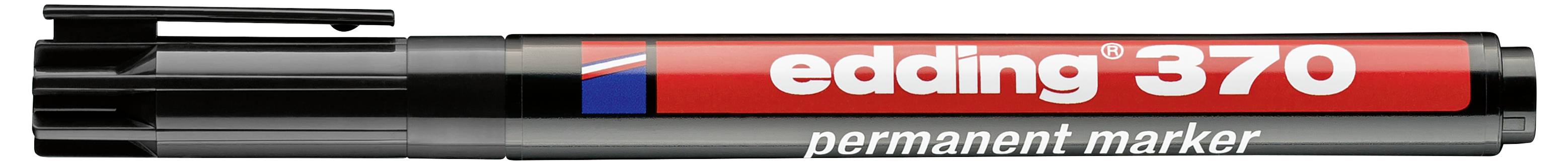 Schwarzer Permanentmarker mit der Bezeichnung „edding 370" mit schwarz-rotem Schaft und Kappe, horizontal auf weißem Hintergrund dargestellt.
