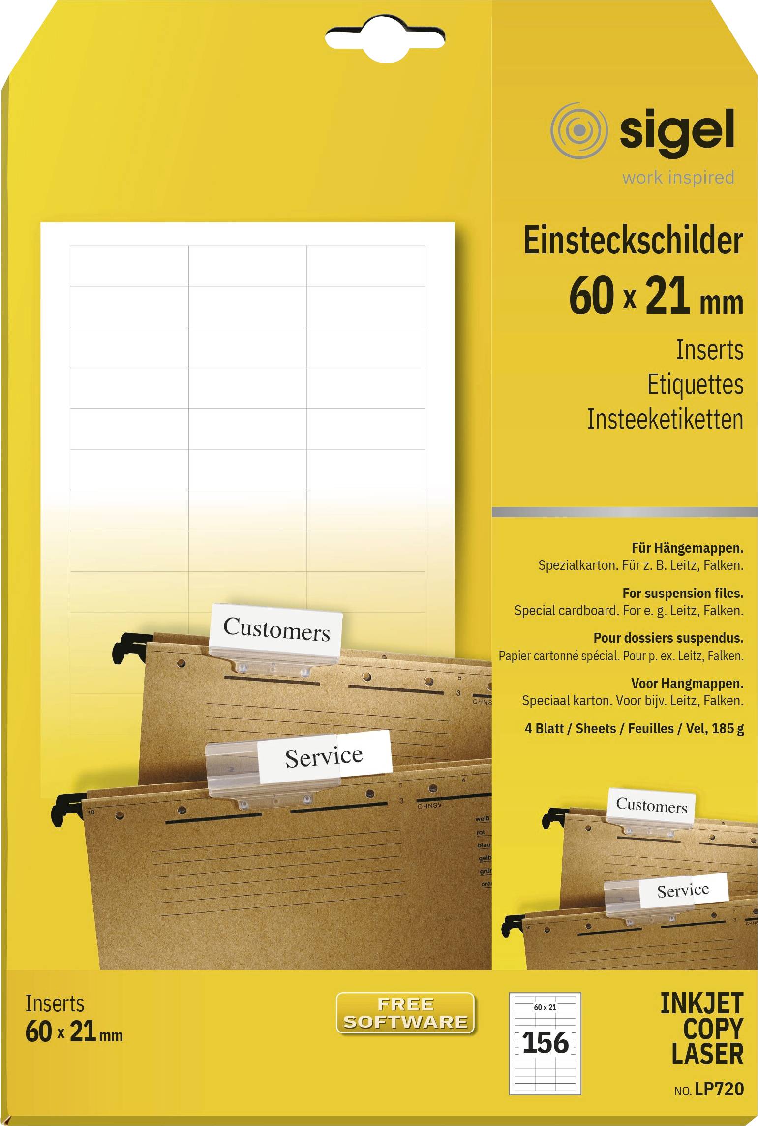 Verpackung für Sigel Einsteckschilder, 'Einsteckschilder' 60 x 21 mm, zeigt Musteretikettenblätter und Halter für Kunden und Service.