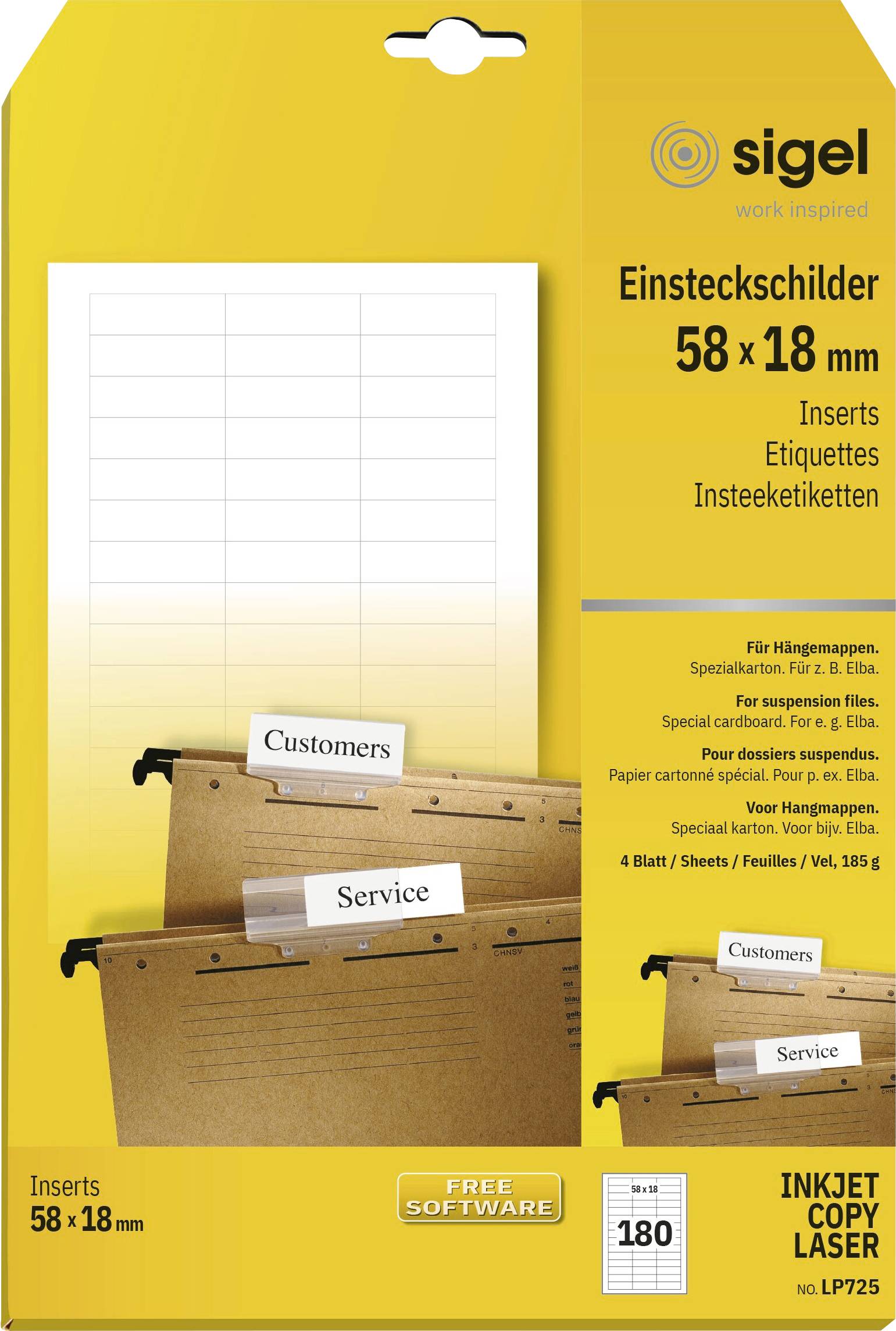 Gelbe Verpackung für Sigel-Einsätze 58 x 18 mm mit Beispielreitern beschriftet mit „Kunden