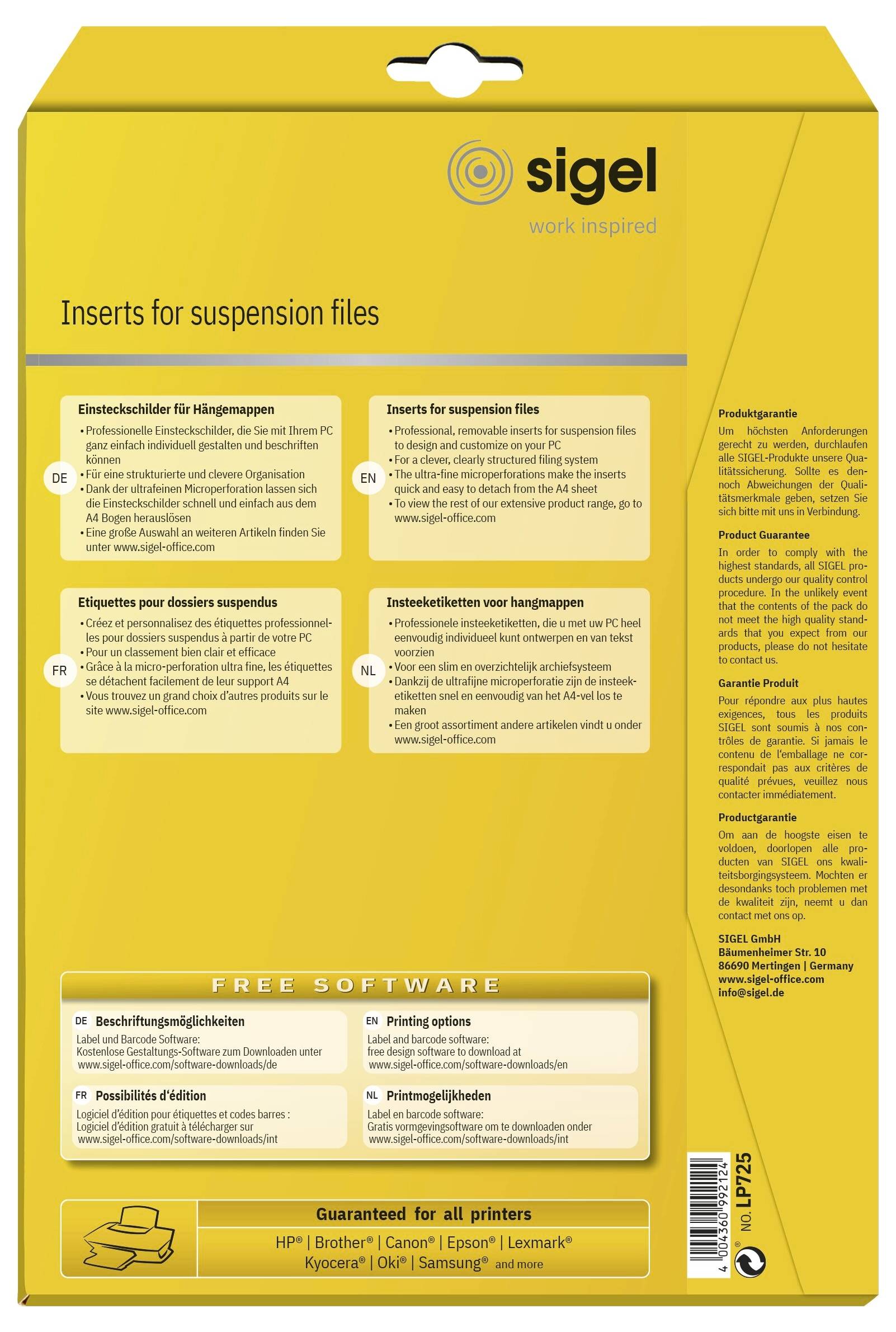 Gelbes Sigel-Paket für Hängemappe-Einsätze, gekennzeichnet als "Einsätze für Hängmappen" mit mehrsprachigen Produktbeschreibungen und Hinweisen zur Druckerkompatibilität.