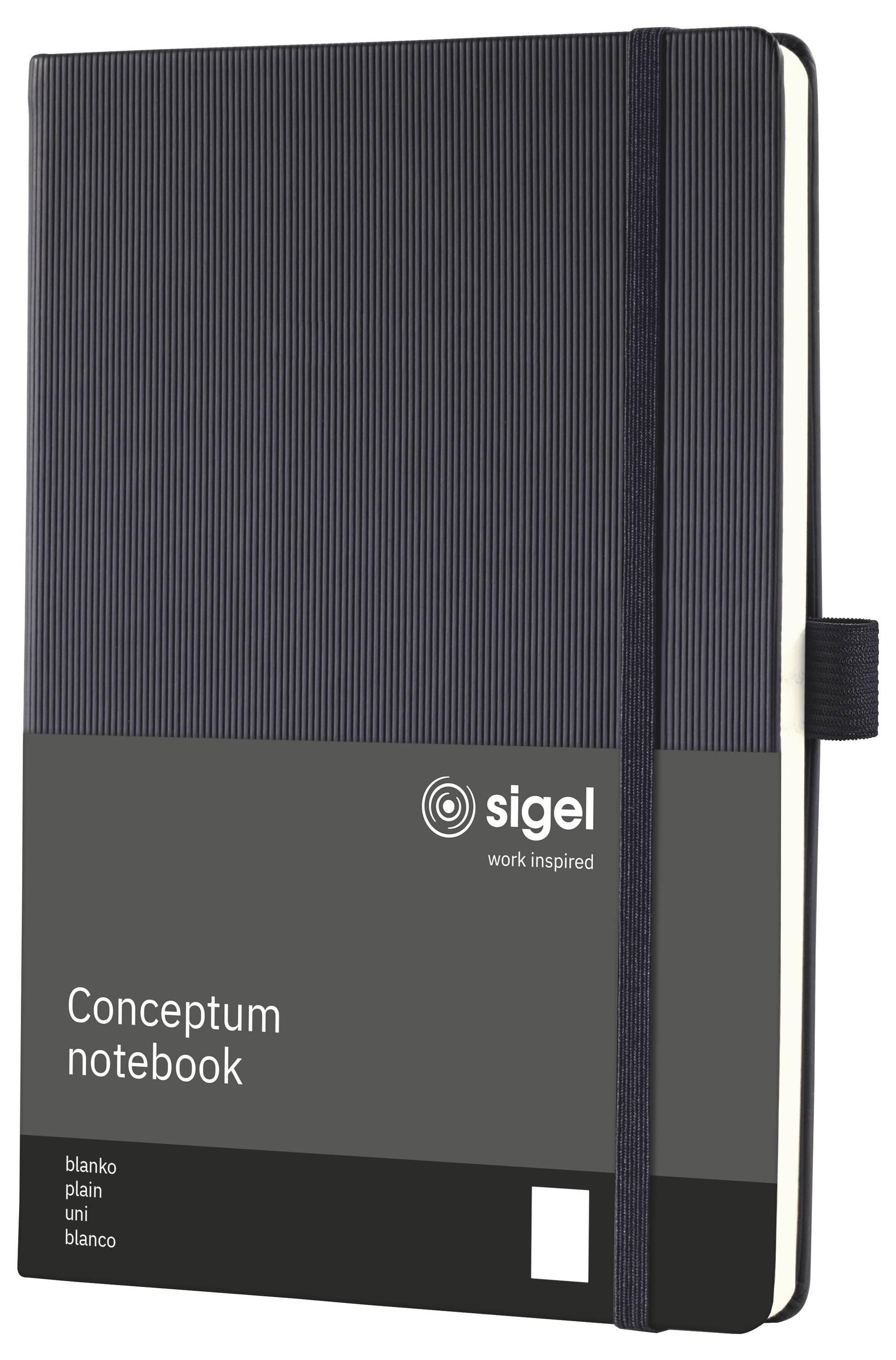 Schwarzes Sigel 'Conceptum Notizbuch' mit Gummiband und liniertem Umschlag, gezeigt als Produktpaket Vorderansicht.