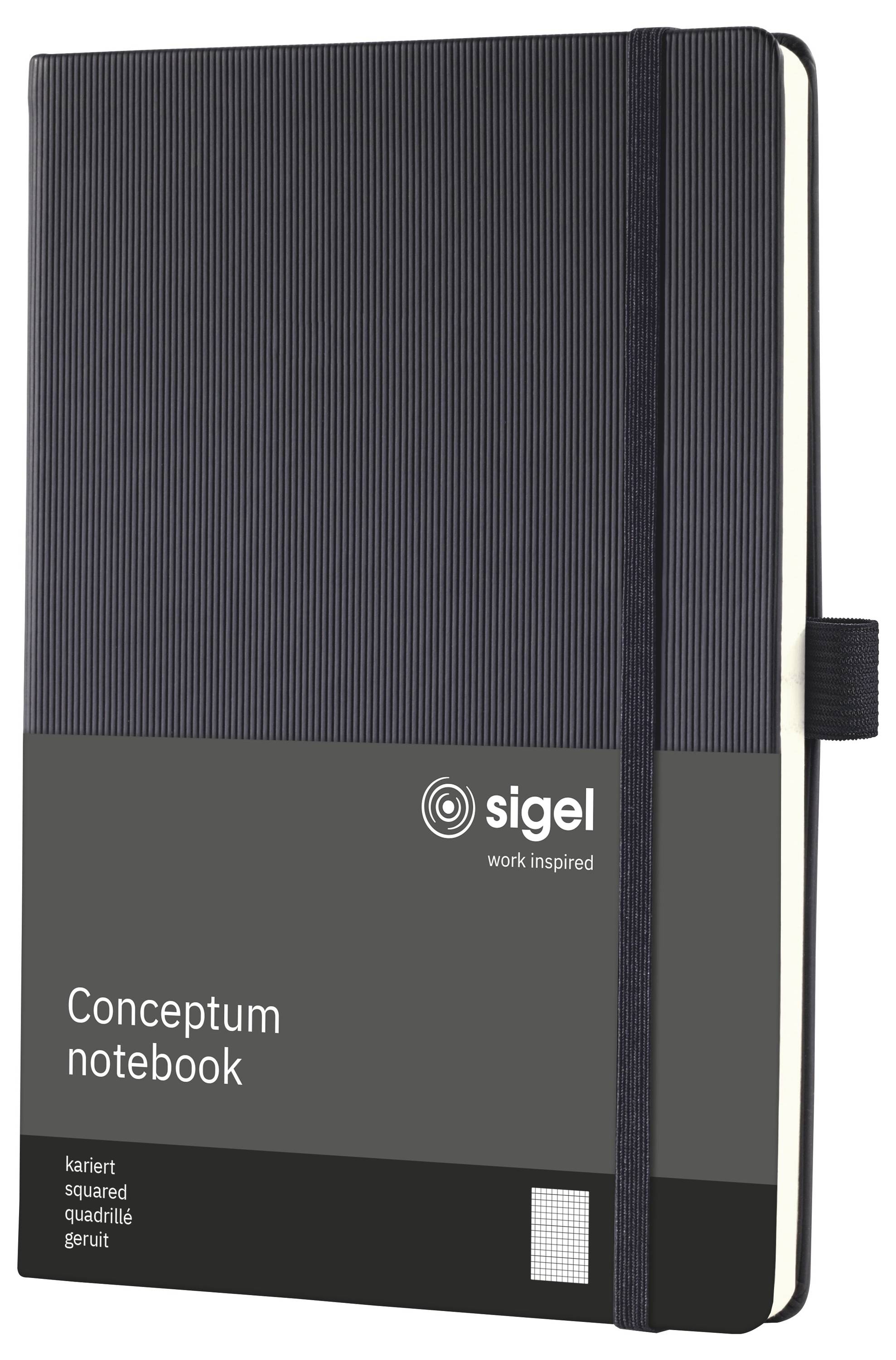 Schwarzes Sigel 'Conceptum Notizbuch' mit elastischem Verschluss und liniertem Umschlag, dargestellt als Produktverpackung.