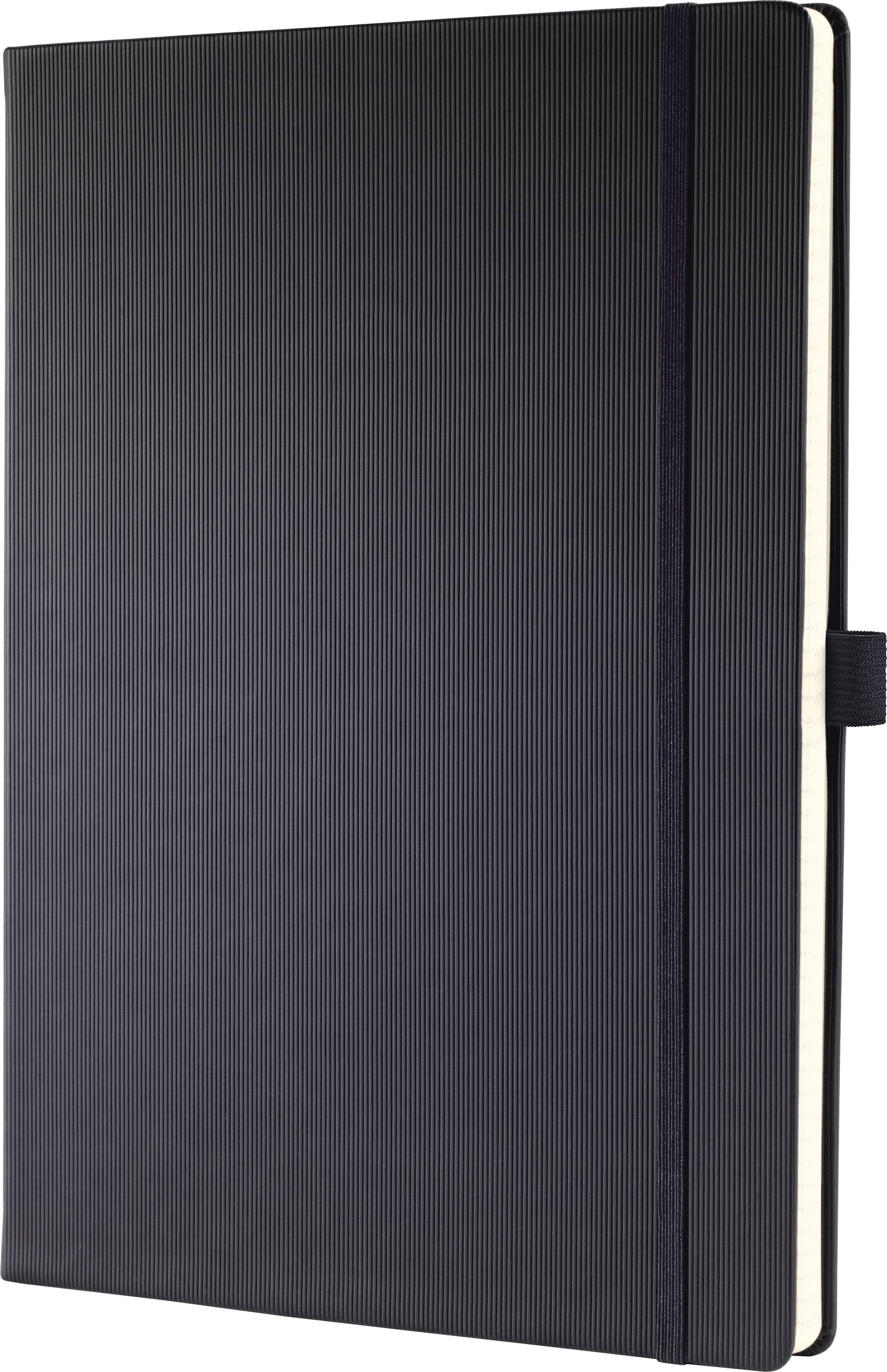 Schwarzes Hardcover-Notizbuch oder Journal mit elastischem Verschluss, geschlossen auf weißem Hintergrund dargestellt.