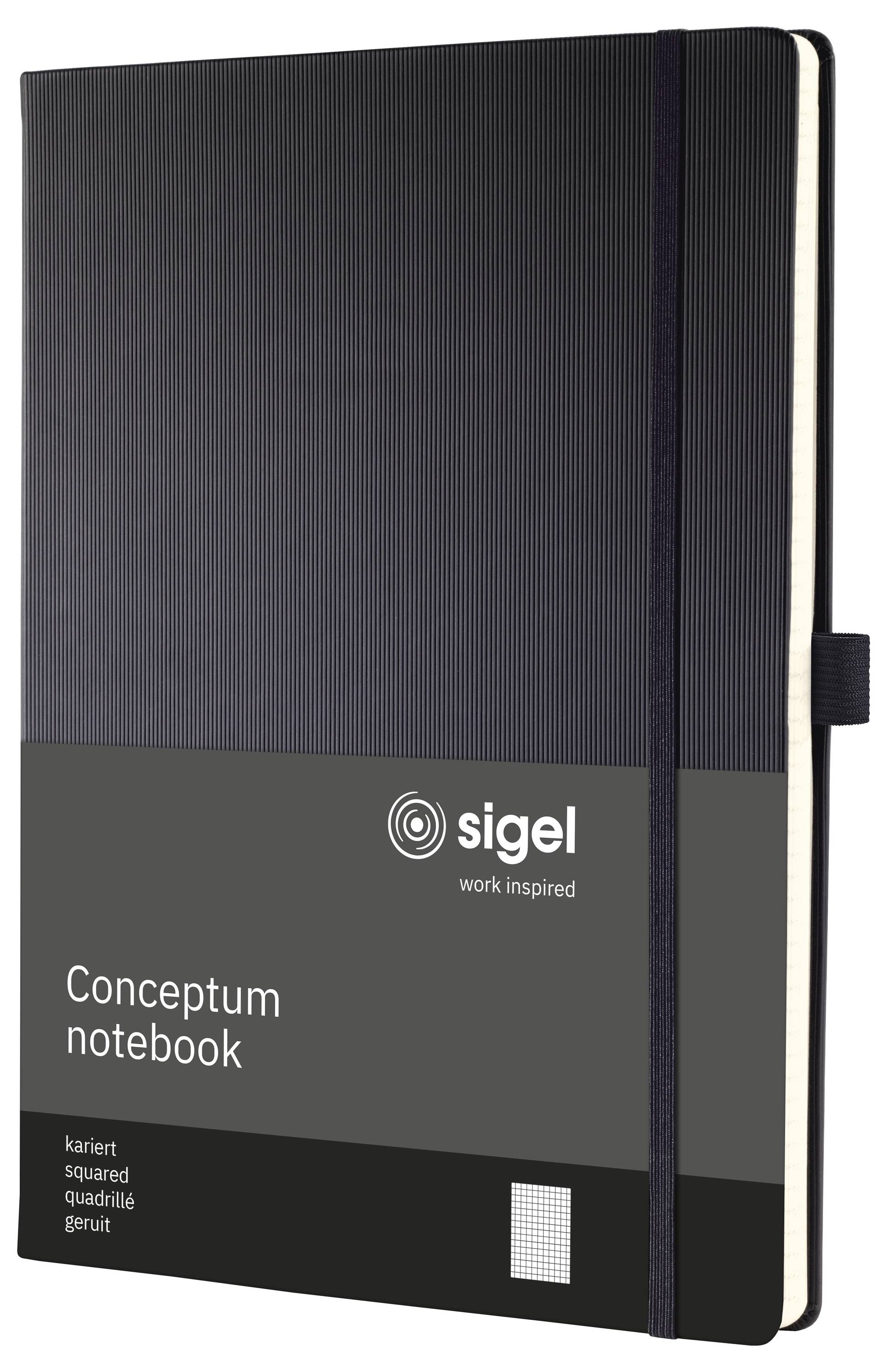 Schwarzes Sigel 'Conceptum Notizbuch' mit Gummiband-Verschluss und kariertem Rastergitter auf den Seiten, sichtbar auf dem Umschlag.